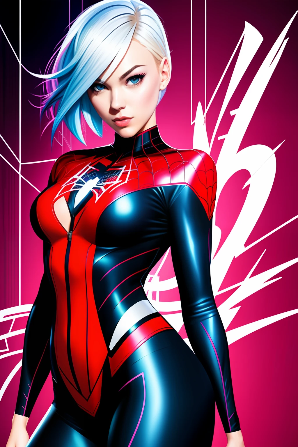 Gwen Stacy, spiderwoman, 4k artwork, painted graffiti style, undercut hairstyle, artgerm, nsfw, open suit unzipped to below belly button