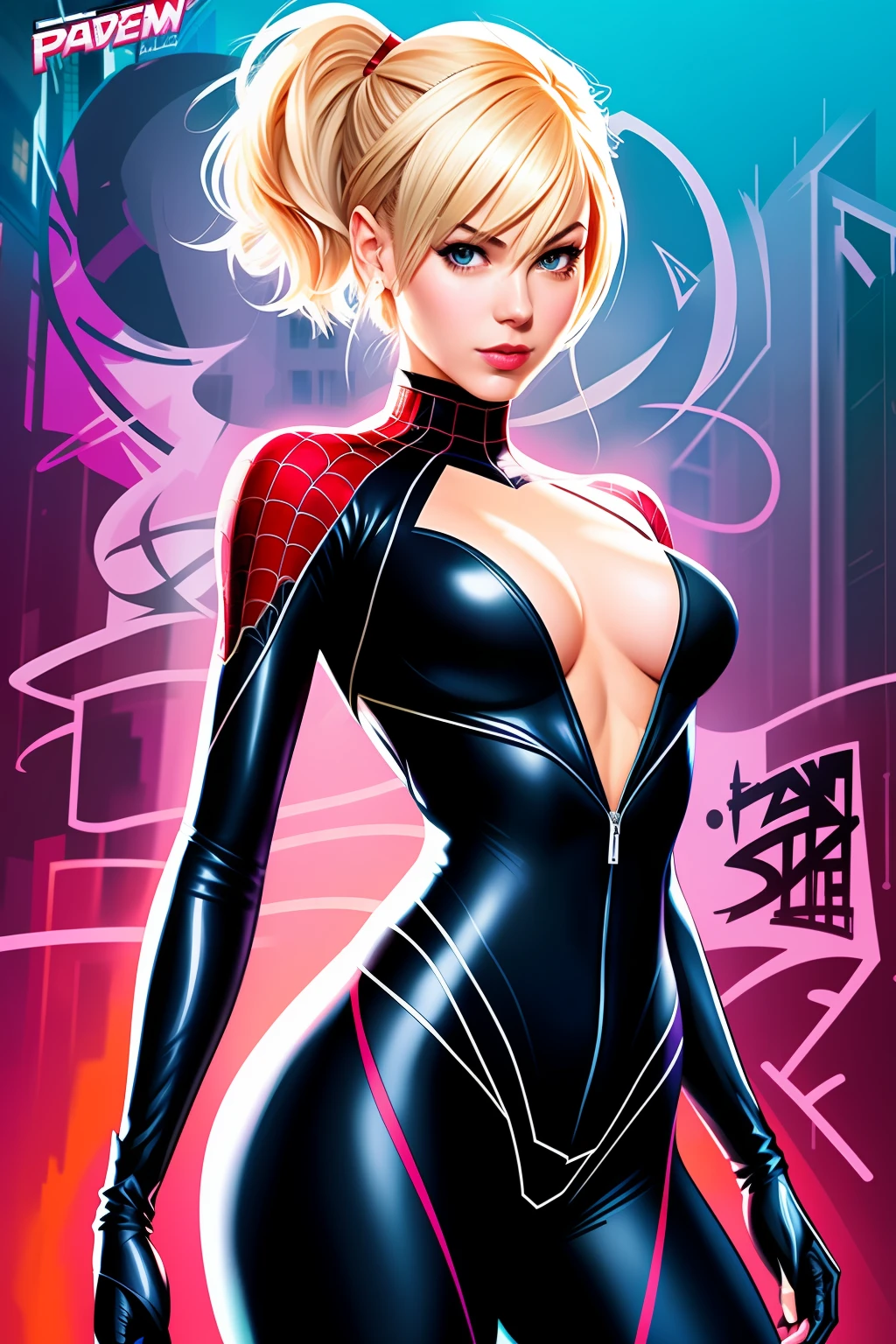 Gwen Stacy, spiderwoman, 4k artwork, painted graffiti style, undercut hairstyle, artgerm, nsfw, open suit unzipped to below belly button