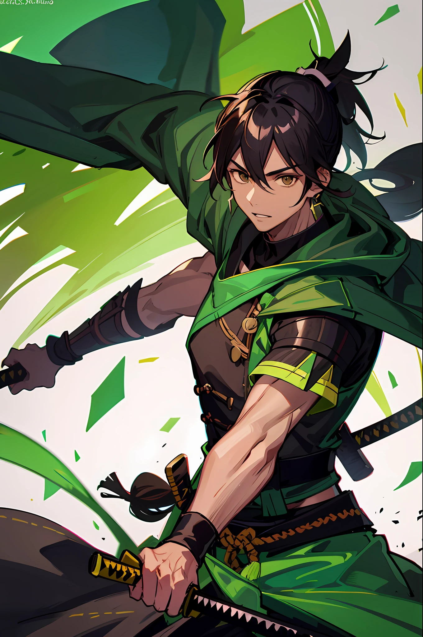 1boy, black colored skin, ponytail, samurai with 1 green wind katana, brown eyes, green cuts, long earrings, green happi