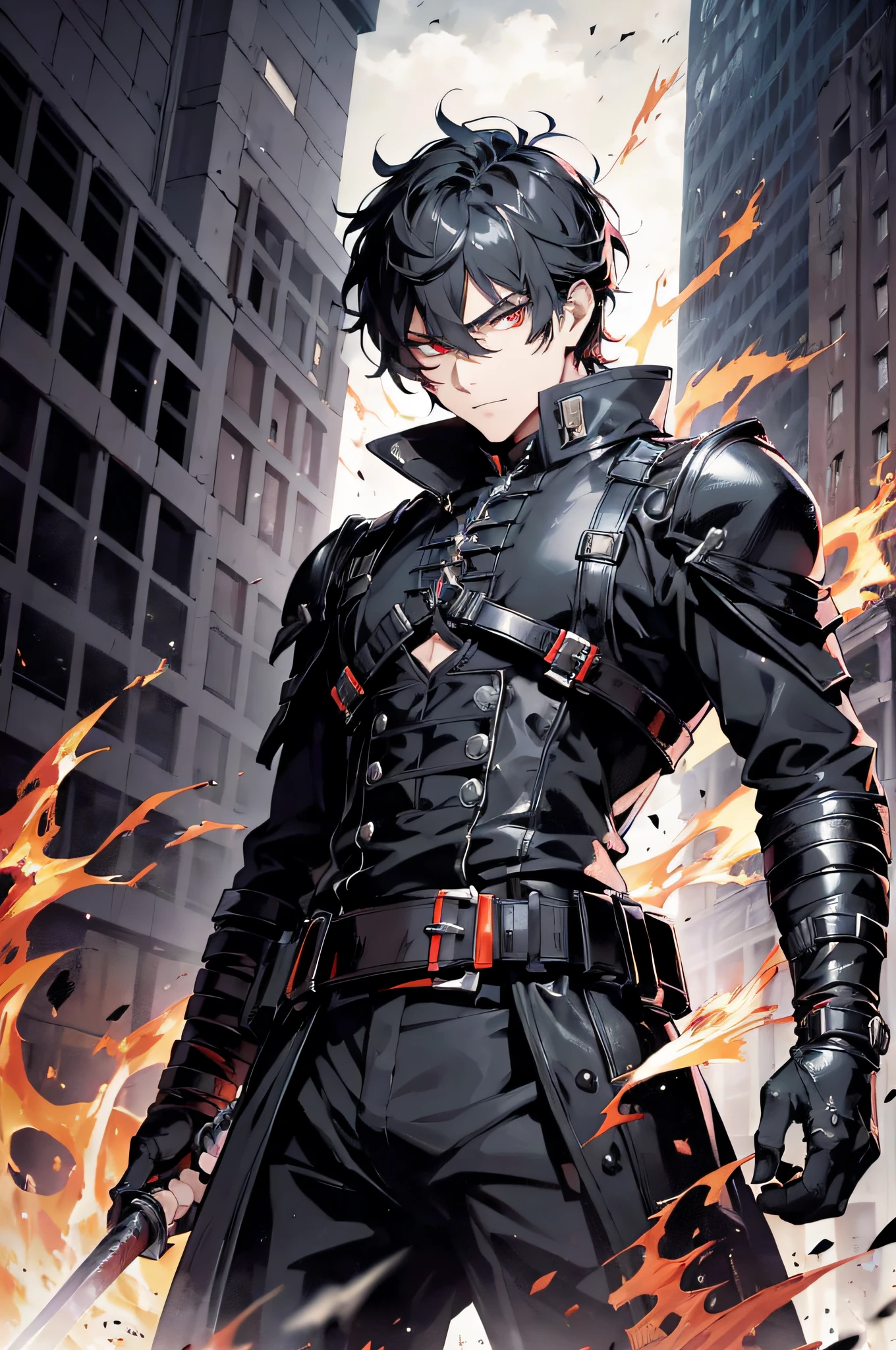 (absurdres, highres, ultra detailed), masterpiece, best quality, a man in a black outfit, battojutsu stance, sword surrounded by flame, solo, handsome, finely eye, detailed face, short hair, vibrant red eye, ruined city, dark background, from below, look down, cowboy shot, swirl, vortex, spark