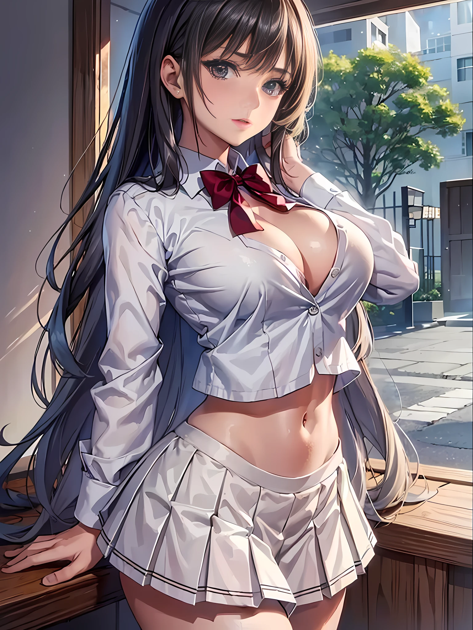 ((top quality, 8k, masterpiece: 1.3)), extremely cute and beautiful woman, 1 girl, (midiun breasts: 1.3), seductive cleavage, (abs, slender figure: 1.1), sharp focus, pixiv masterpiece, ((intricate details)), highly detailed, upper body, 1girl, black long straight hair, Japanese school girl uniform, cleavage, white collard shirt, red blazer, white pleats short skirt, 8k, 8k resolution, suzune horikita, kei karuizawa, honami ichinose, detailed body, detailed clothes, sharp image, Japanese anime concept art, trending on pixiv,