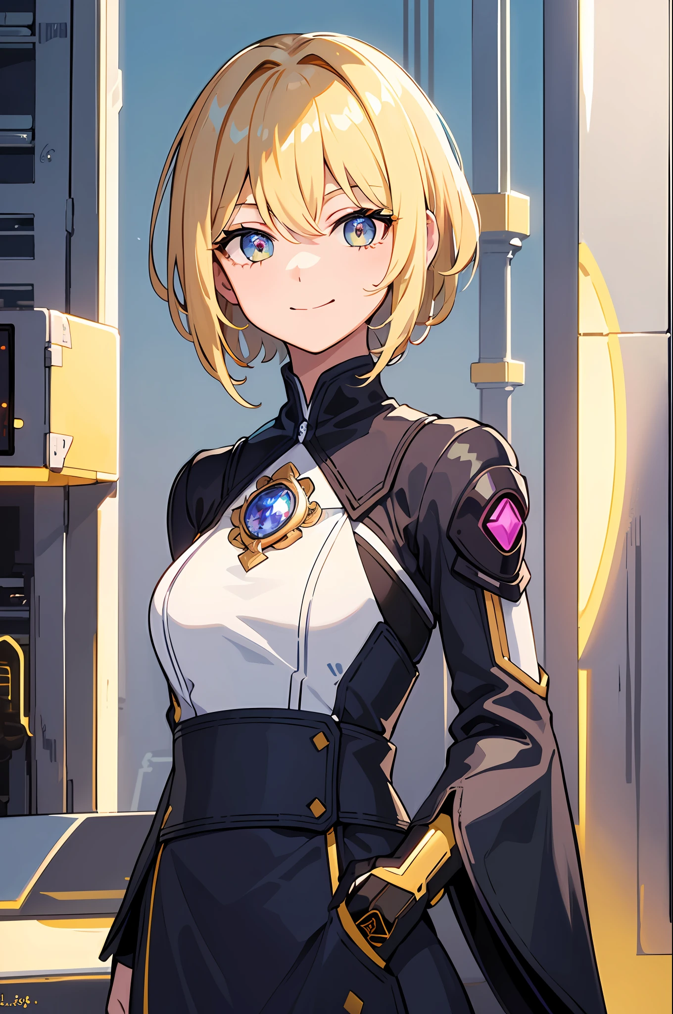 ((((masterpiece))), 4k resolution, high detail, (((extremely detailed eyes))), detailed background, cinematic lighting, crystal clear eyes, 1girl, high quality, high resolution, ultra-detailed, 8k, best quality, 1girl, solo, shadow, backlight, light particles, thick eyelashes, wide sleeve, thick hips, (masterpiece: 1.3), (best quality:1.2), (super thin illustrations:1.2), (masterpiece), high quality, high detail, (SOLO:1.4),(round  image)),[(cyberpunk:1):5], Look at the viewer, cyberpunk,{hands hidden}, {{hands in pockets}}},{{hands in sleeves}}, whole body, flower in hair, top, Lumine (Genshin Impact), flower on head, blonde hair, short hairstyle, golden eyes, smirk
