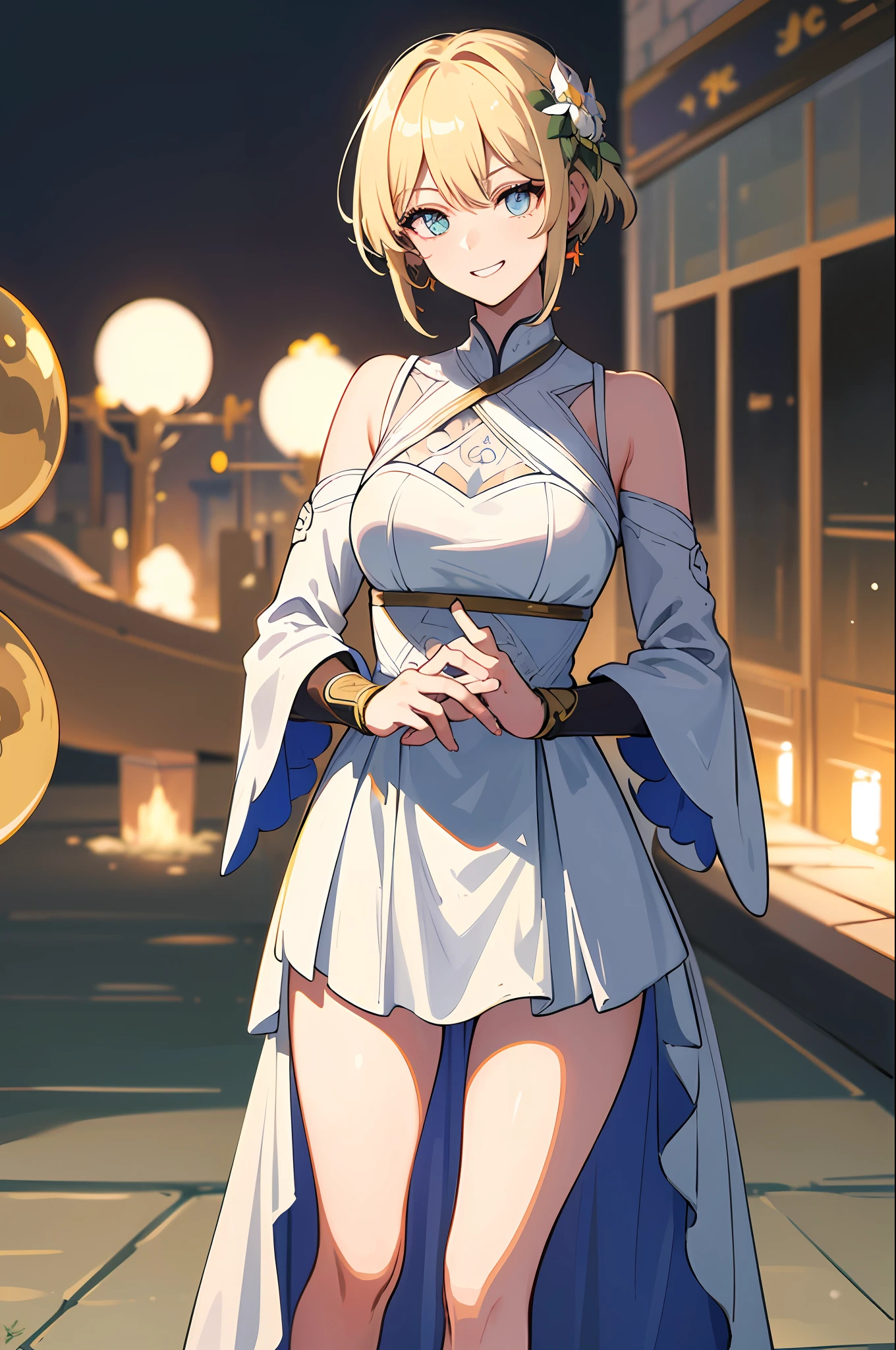 ((((masterpiece))), 4k resolution, high detail, (((extremely detailed eyes))), detailed background, cinematic lighting, crystal clear eyes, 1girl, high quality, high resolution, ultra-detailed, 8k, best quality, 1girl, solo, shadow, backlight, light particles, thick eyelashes, wide sleeve, thick hips, (masterpiece: 1.3), (best quality:1.2), (super thin illustrations:1.2), (masterpiece), high quality, high detail, (SOLO:1.4),(round  image)),[(cyberpunk:1):5], Look at the viewer, cyberpunk,{hands hidden}, {{hands in pockets}}},{{hands in sleeves}}, whole body, flower in hair, top, Lumine (Genshin Impact), flower on head, blonde hair, short hairstyle, golden eyes, evil grin