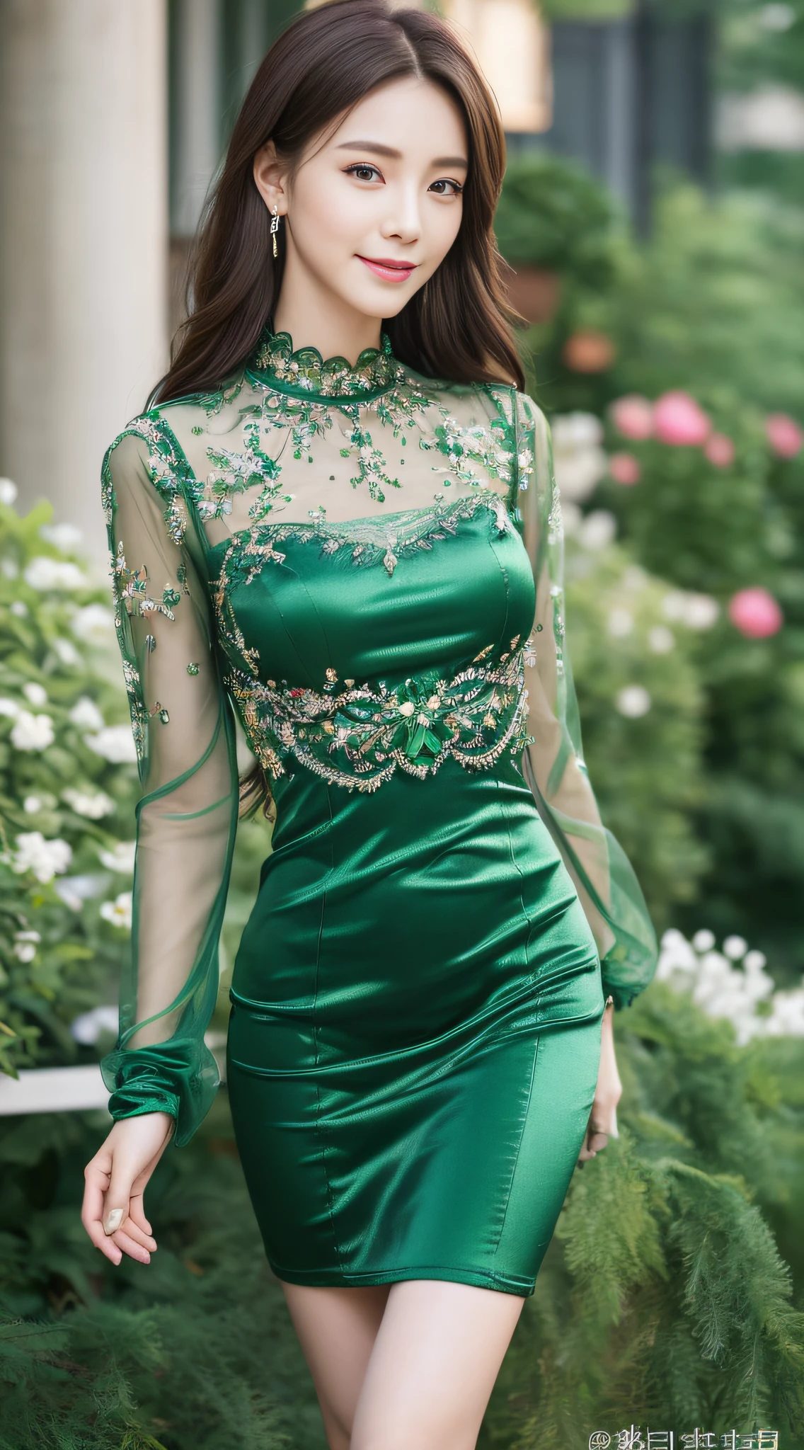 ((top quality, 8k, masterpiece: 1.3)), 1 girl, smile, full body, slim face, pretty woman, (dark brown hair), emerald green full-length dress: 1.1, fashionable pumps, ultra detailed face, detailed eyes, double eyelids, blurred background, slim face, city, outside, street,
