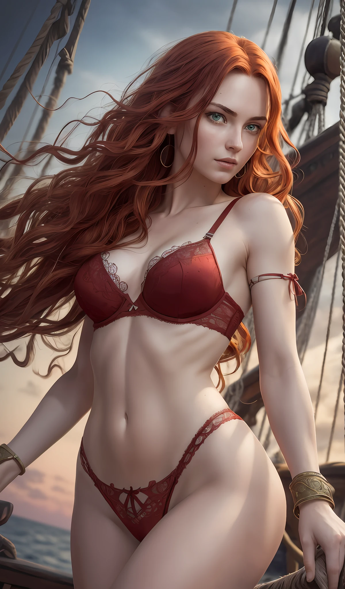 (High resolution, distinct_image) Stunning character, masterpiece, high detail, semi-realistic, long messy red hair like a woman, middle parted hair, green eyes, 22 years old, young, wearing laced bra and laced pantie, detailed face, perfect eyes, (highly detailed skin:1.1), 8k, intricate, Soft lighting, soft shadows, Dramatic Sunrise, standing on a pirate ship, RAW, analog style, sharp focus, 8k, DSLR, high quality, Fujifilm XT3, grain, award winning, masterpiece (best quality:1.2) (detailed) (intricate) (8k) (HDR) (wallpaper) (cinematic lighting) (sharp focus) --s2