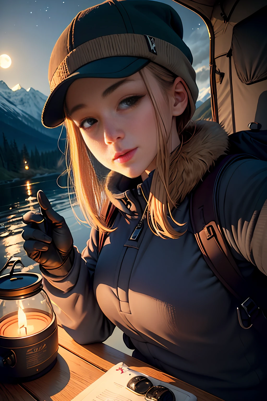 VeronicaCipher ((upper body selfie, happy)), masterpiece, best quality, ultra-detailed, solo, outdoor, (night), mountains, nature, (stars, moon) cheerful, happy, backpack, sleeping bag, camping stove, bottle water, mountain boots, gloves, sweater, hat, lantern, forest, rocks, river, wood, smoke, shadows, contrast, clear sky, style (warm hue, warm tone): 1.2), close-up, cinematic light, side lighting, ultra high resolution, best shadow, RAW, upper body, wearing pullover kodak vision 3,