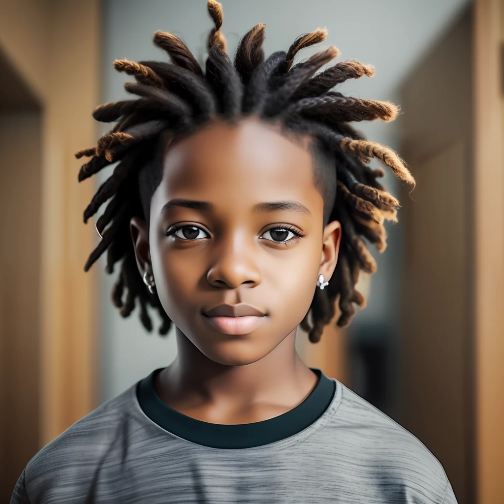 black child, handsome, short hair with dreadlocks, looking at camera, indoors, detailed photo, ultra realistic, 4K --auto --s2