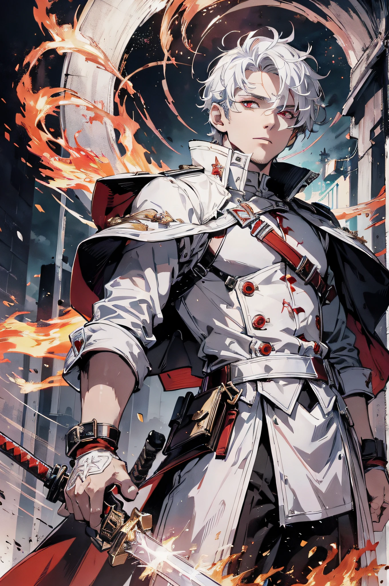 (absurdres, highres, ultra detailed), masterpiece, best quality, a man in white outfit, wielding sword, sword surrounded by fire, solo, handsome, finely eye, detailed face, short hair, white hair, vibrant red eye, ruined city, dark background, from below, look down, cowboy shot, swirl, vortex, spark