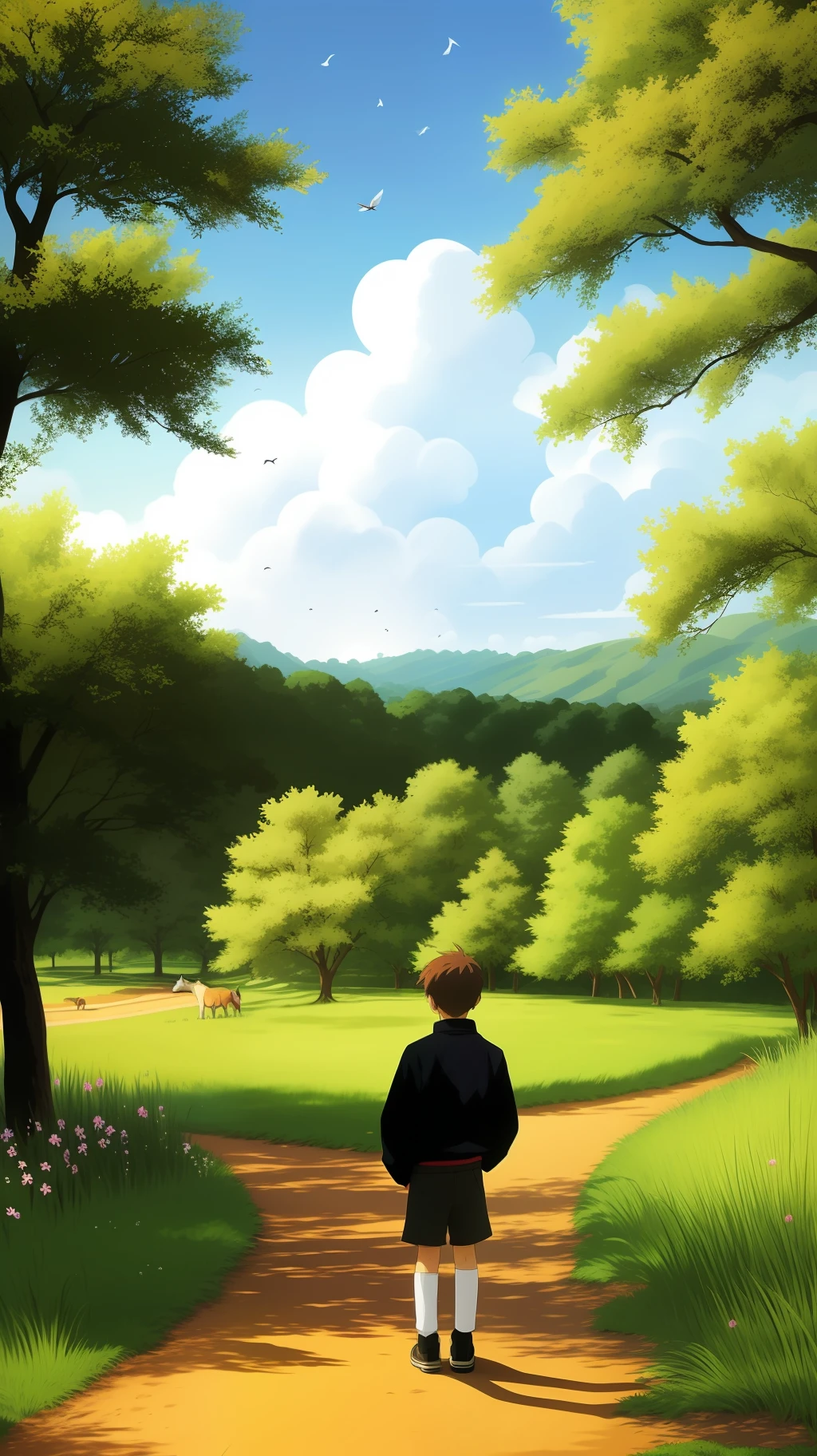 BOY, solo, standing on a rock on a walk, nature anime wallpap, anime lush 8k woods, nature anime, anime beautiful peace scene, in a serene landscape, amazing wallpaper, nature wallpaper, nature, peaceful landscape, beautiful, peaceful and serene wallpaper, stunning nature in the background, very beautiful scenery, beautiful anime scenery, open park, clouds, birds, turtle, horse, fox, park of heavenly harmony children's carton