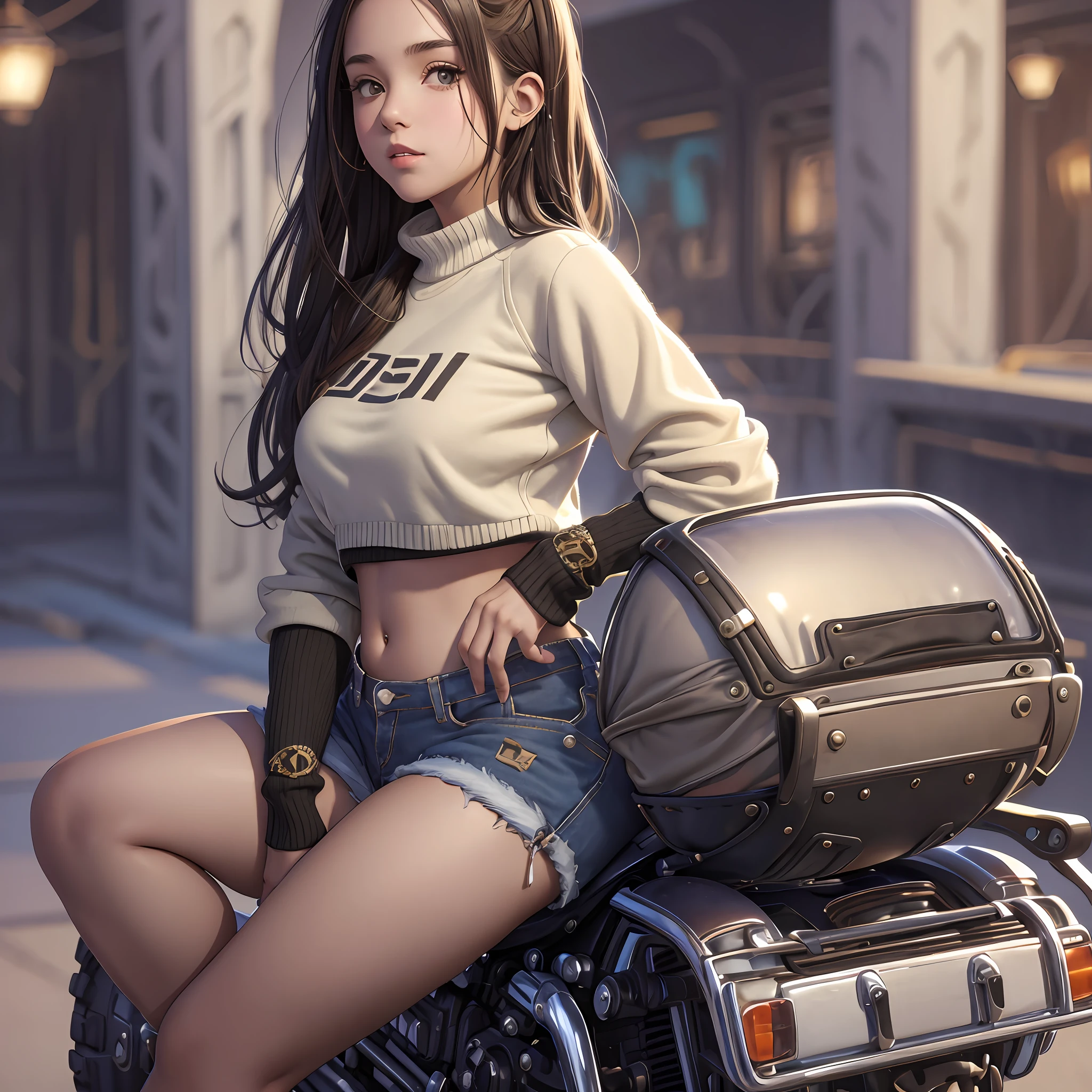 shorts, from_behind, pawg, srfc, cropped sweater, midriff, sweater, 1girl, detailed face, hanging laterns, illustrated sitting on motorcycle --auto --s2