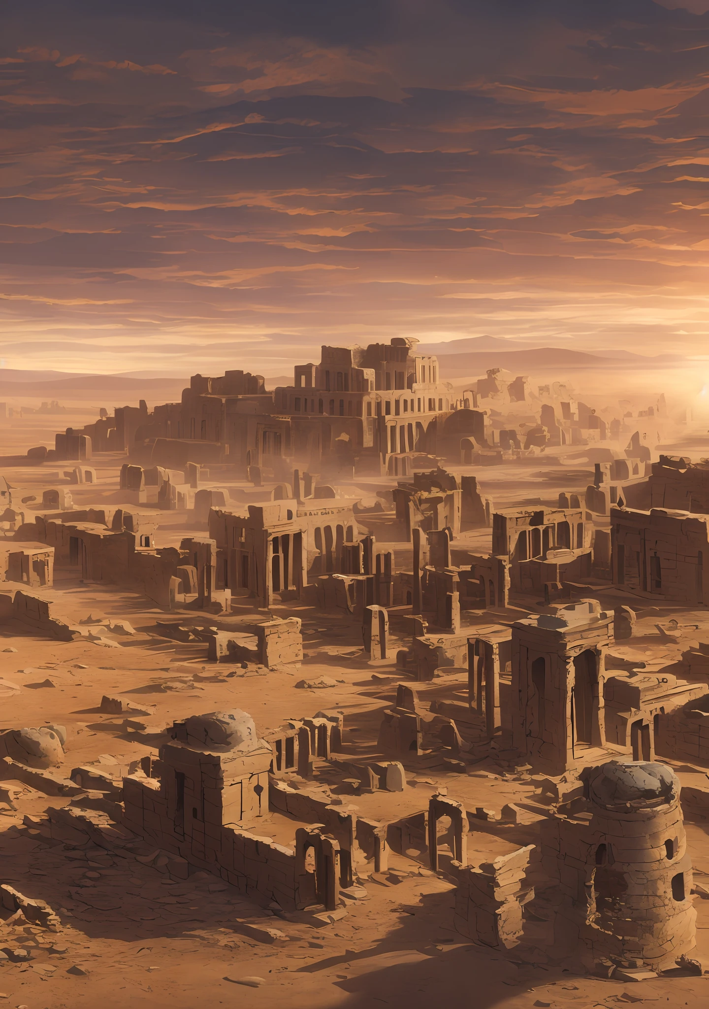 A grand, ancient city in ruins in the desert seen from the top of a mountain, realistic, ((ultra detailed)), base model render civitiae (AbsoluteReality) 8k, rtx,  --upscale --auto --s2