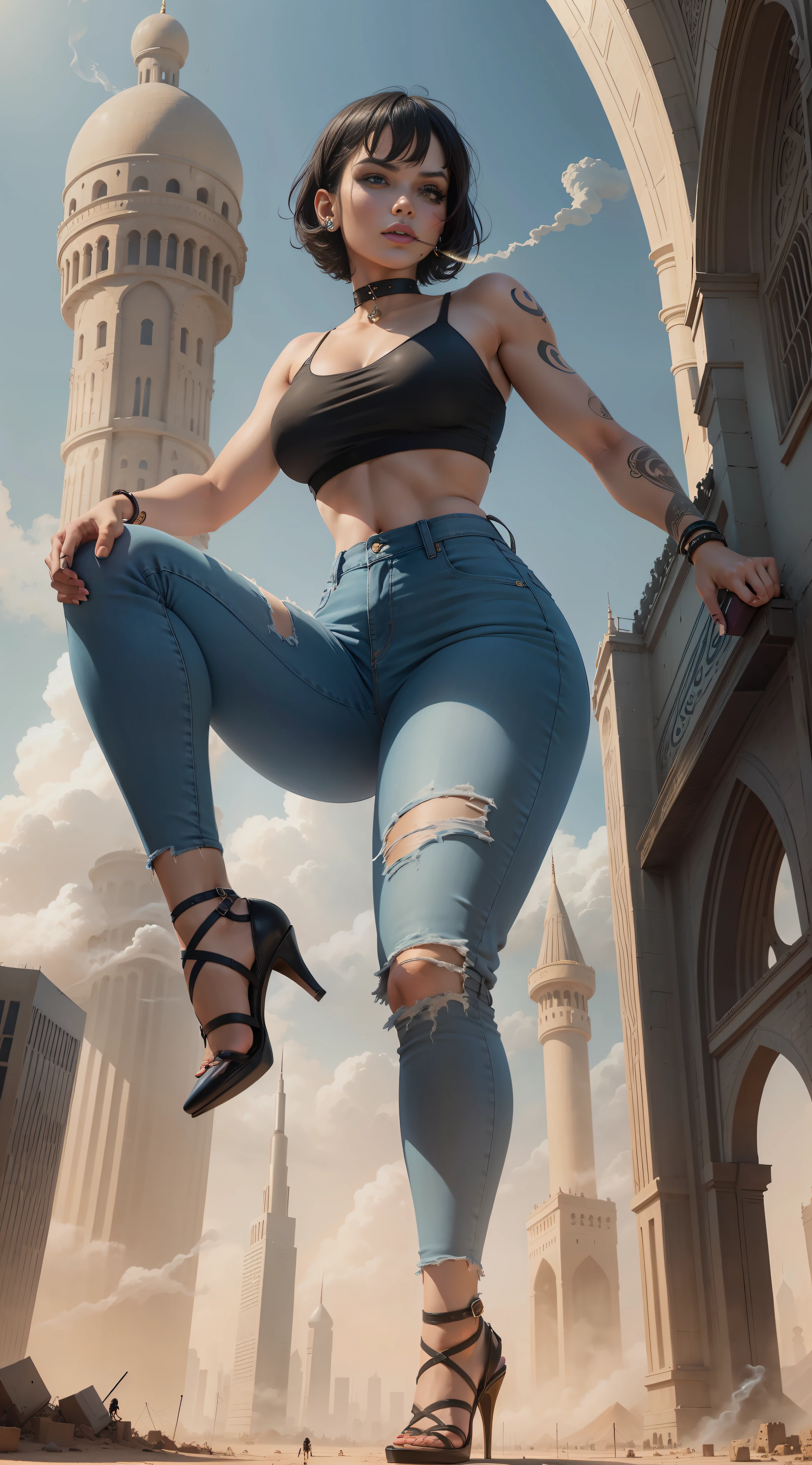 giantess art, giantess, crop top, jeans, hands raised, runied, middle eastern city, desert, destruction, mosque, blue colored short hair, bob cut, smoke, sandstorm, (((towering over you))), (full body), feminist, lgbt, colorful tattoos, high heels, heavy makeup, piercing, smirking, smoking cigarette, enjoying, 500 meters tall, foot raised