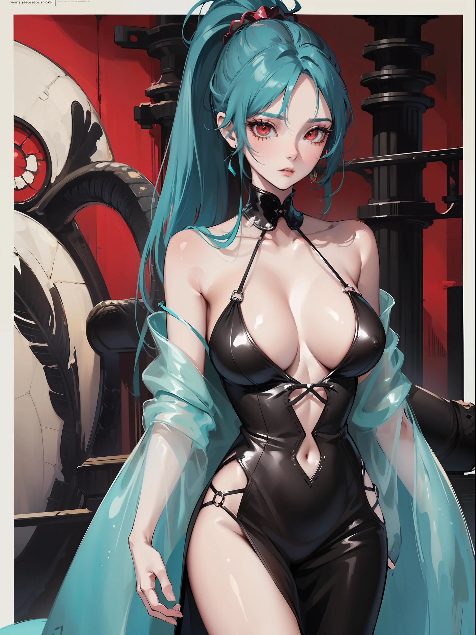(1girl), (monster girl), (lizard), (skin texture scales: 1.3), (turquoise scales on body:1.3), breasts, black hair, long hair, ponytail, (red eyes), makeup, powder, blush, mascara, makeup), (elegant dress: 1.7), tight dress, décolleté, large breasts, jewelry, ponytail, fantasy, (sea in the background), detailed, character, whole body, translucent dress hugging the whole body, (red and black dress), barely covers the chest,  hot, non-nude, sexy, fashionable pose, fashion, fashionable length, gorgeous body, fantasy, greek fashion dress, light, delicate, high detail, digital painting, concept art, matte, clear focus, illustration, fashion design, mannequin, poster