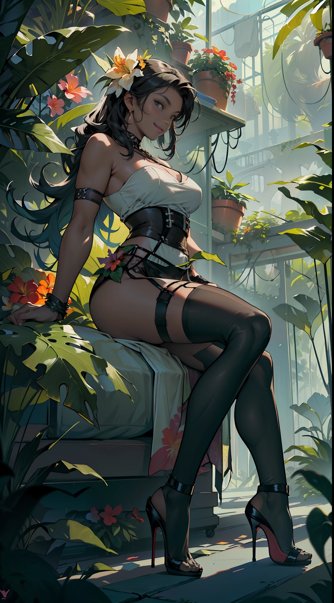 ((SFW)),Masterpiece, High Quality, Photorealistic, Cinematic Direction, High Contrast, Depth of Field, Award-Winning Difference Photography, Girl sitting on a large sofa in the middle of a greenhouse with tropical vegetation, numerous colorful flowers in bloom, and all kinds of tropical fruits in bloom, a giant snake wrapped around a woman, (Dazzling sunlight: 1.3), summer, ( Summer Sky), (((Flowers)), Colorful Background, (((Fruits)), Colorful Fruits, (Dazzling Glow: 1.6), Smile, (Invincible Smile), Staring at the Bushes, Watching the Viewer, (Big: 1.2), Big Bust, Facing Front, (((Black Underwear, Black High Heels, Black Garter Belt, Black Stockings: 1.5)), (Long Legs: 1.5)