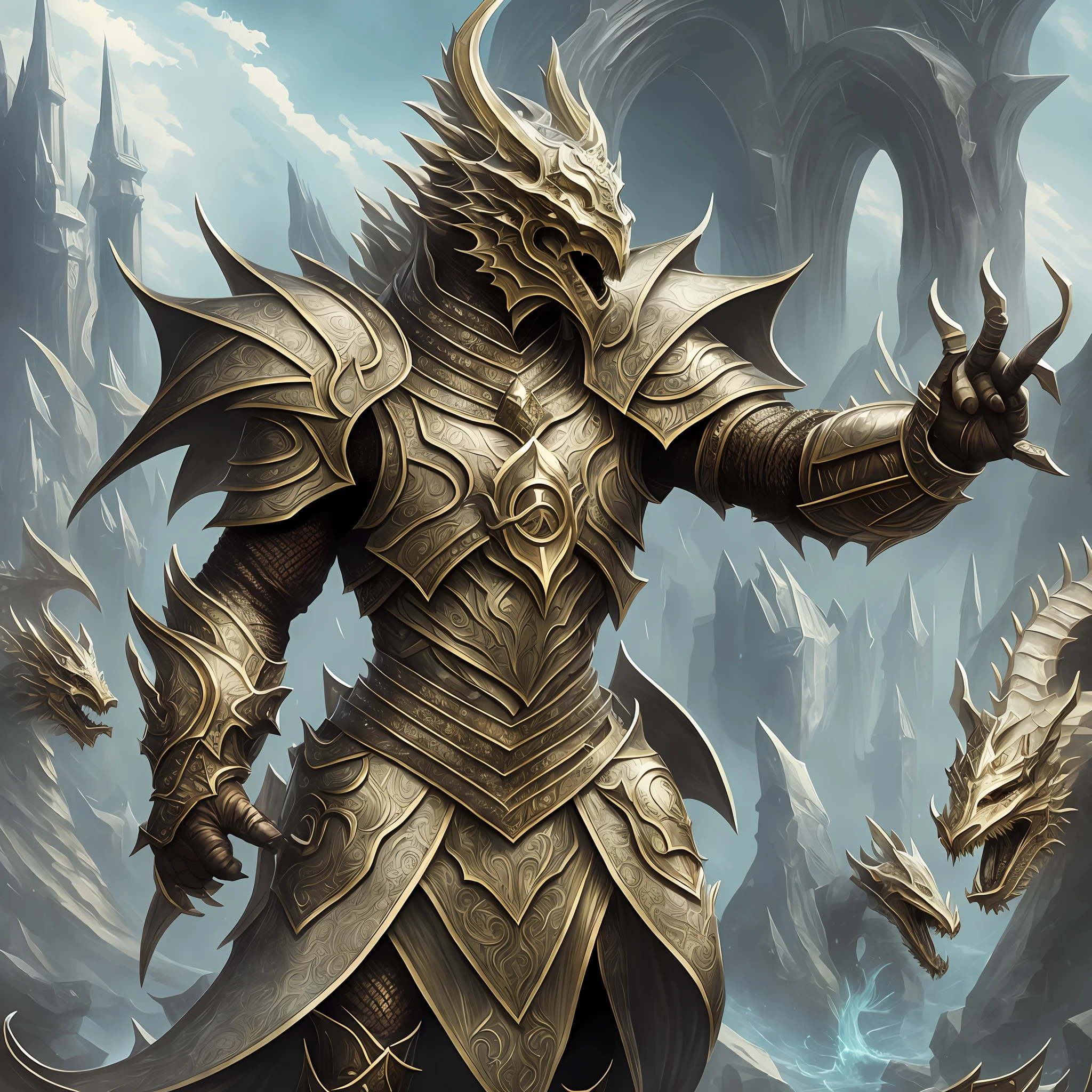 Bronze Dragon, Intricate White Armor, Epic Fantasy Card Game Art, Complex White and Gold Armor, Complete Art, Human Dragon Art, Epic Fantasy Card Game Art, D&D Council Art Dragon, From Pathfinder, Dragon Inspired Armor, White Armor, Detailed White Armor, Fantasy Card Game Art, Dragonborn --auto --s2