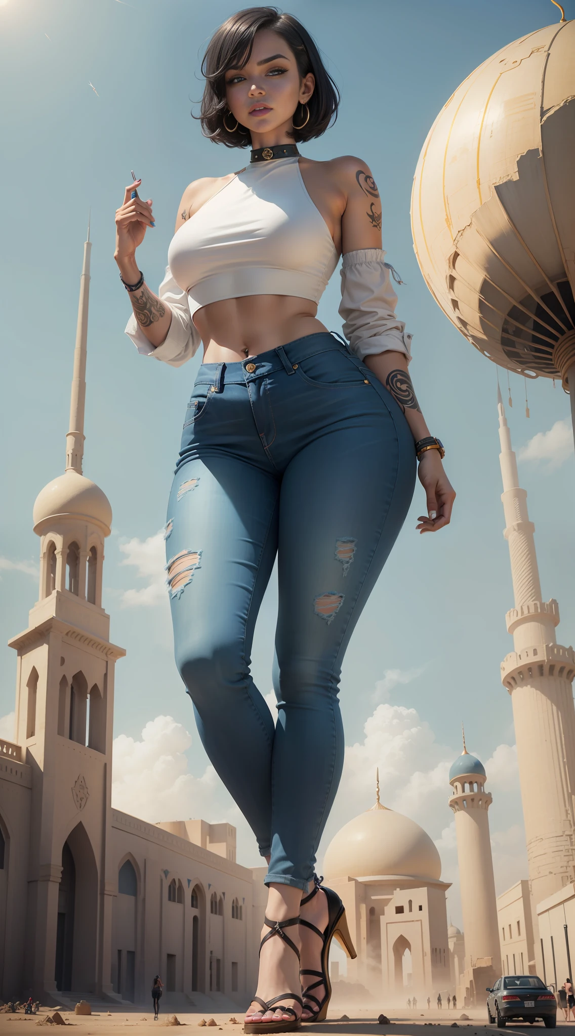 giantess art, giantess, crop top, jeans, hands raised, runied, middle eastern city, desert, destruction, mosque, blue colored short hair, bob cut, sandstorm, (((towering over you))), (full body), feminist, lgbt, colorful tattoos, high heels, heavy makeup, piercing, smirking, smoking cigarette, enjoying, 500 meters tall, foot raised