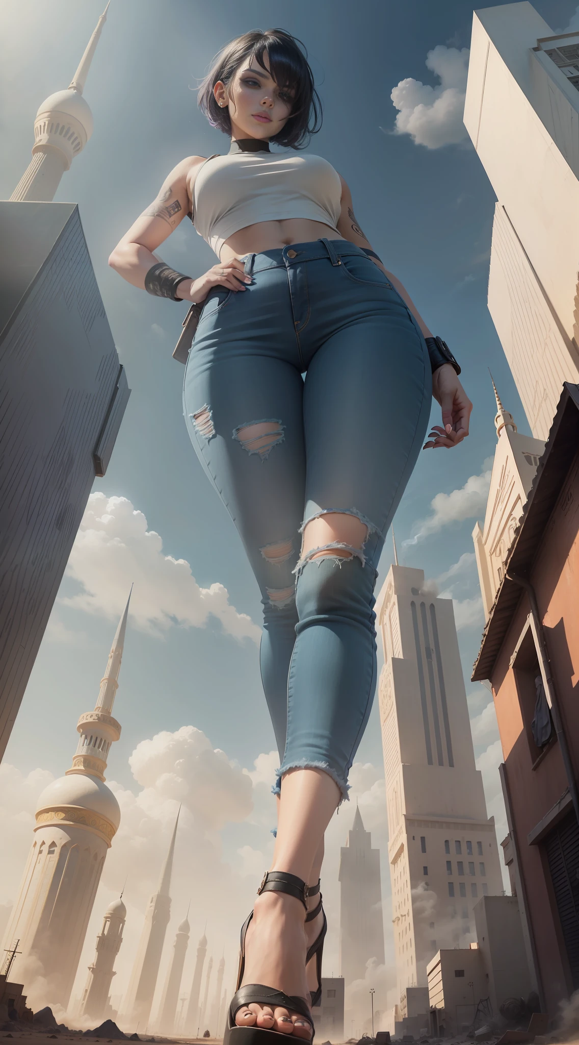 giantess art, giantess, crop top, jeans, hands raised, runied, middle eastern city, desert, destruction, mosque, blue colored short hair, bob cut, smoke, sandstorm, (((towering over you))), (full body), feminist, lgbt, colorful tattoos, high heels, heavy makeup, piercing, smirking, smoking cigarette, enjoying, 500 meters tall, low angle, from below, foot raised