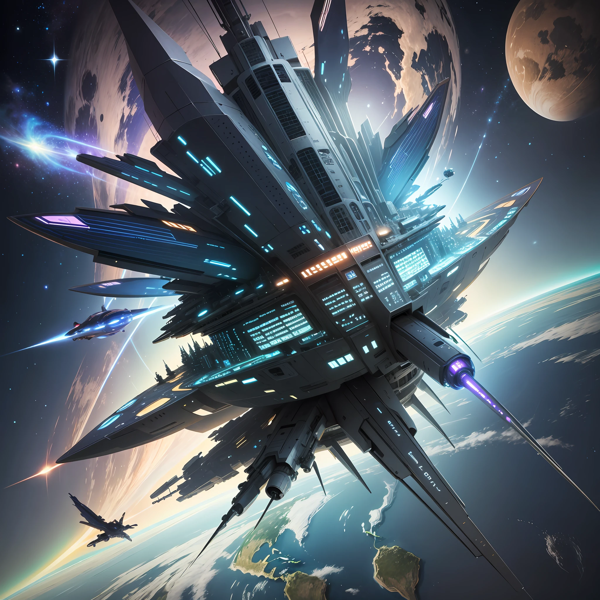 Image: A futuristic spaceship flying through space, with a giant internet cable connected to Earth, and animated people inside the ship using electronic devices. --auto --s2