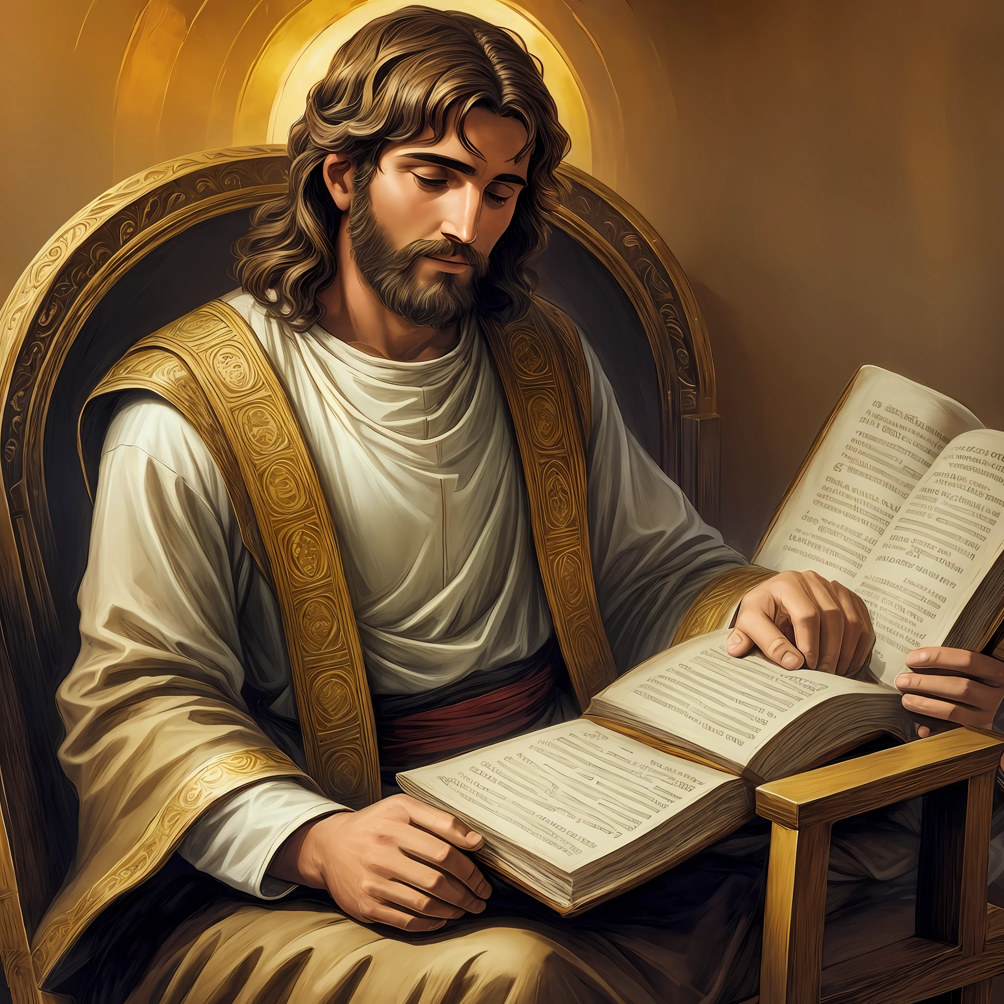 Joseph the adoptive father of Jesus, seated on a heavenly throne, clothed in grace and glory, devoting his heart to the mission of GOD.