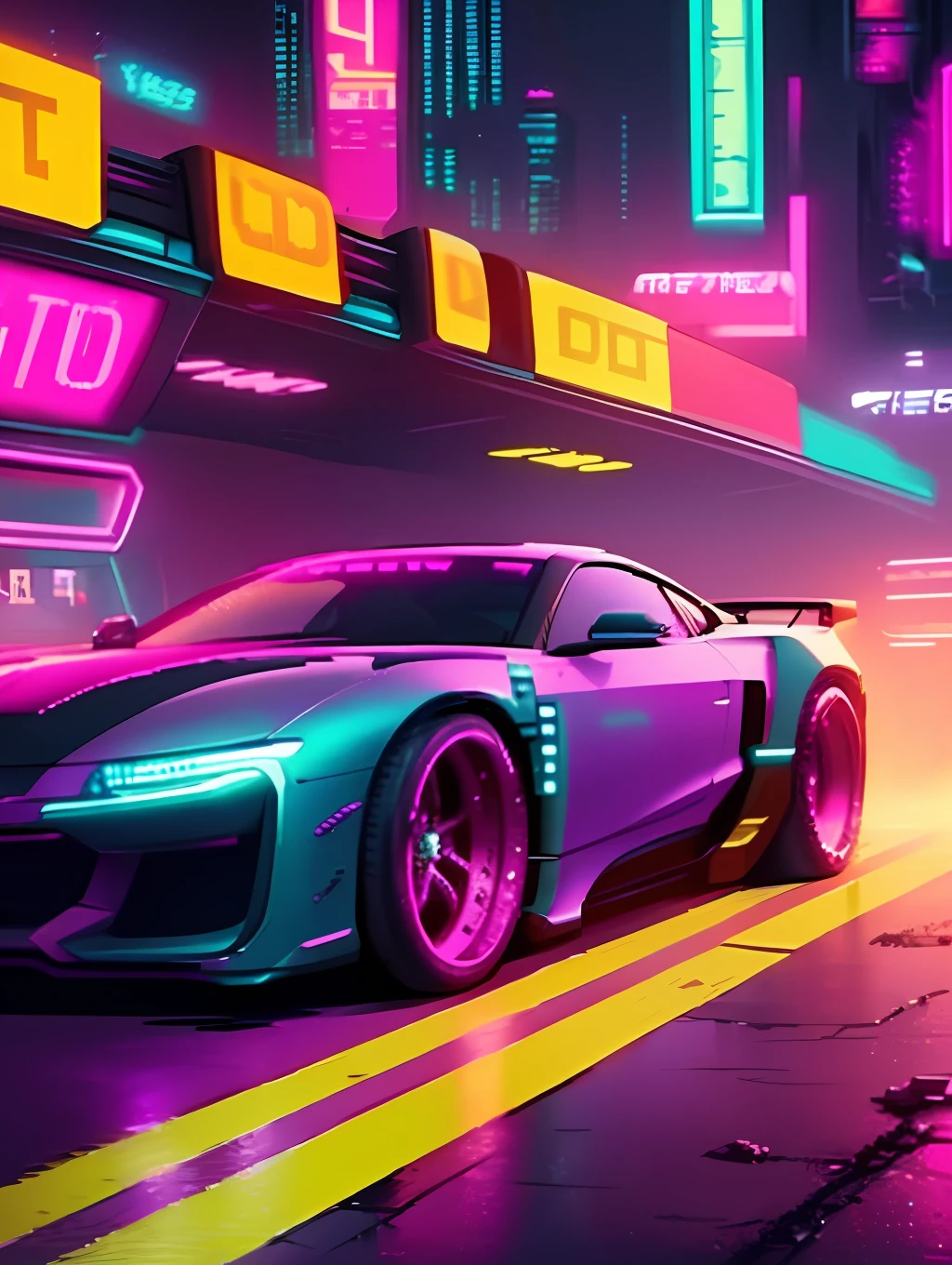 Imagine a futuristic car, inspired by the style of Cyberpunk 2077, flying at high speed down a neon-lit street of a dystopian city. Create pixel art that captures the intense, futuristic atmosphere of this scene, highlighting the vehicle's unique design and the exuberance of cyberpunk urban elements.