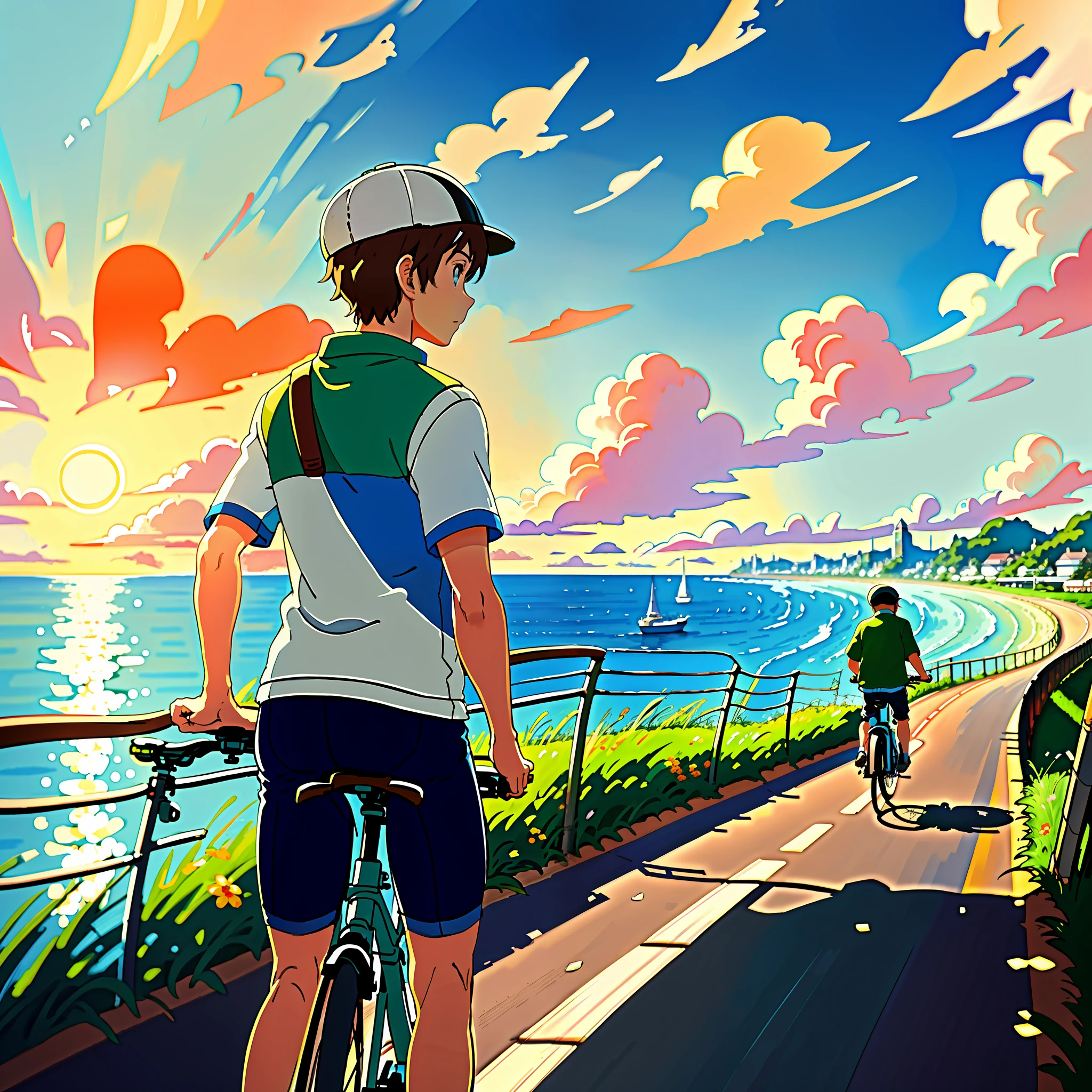 (bike: 1.5), (realistic bike: 1.5), (realistic cycling boy: 1.5), close-up, wears cap, cyclist back in foreground, lofi landscape, nature, sun, sea, landscaped background, warm light, sunset, beach, shadows, contrast, clouds, makoto shinkai (Best quality:1.3), (Highres:1) Art by Studio Ghibli Style, Vibrant Colors, Impressionism