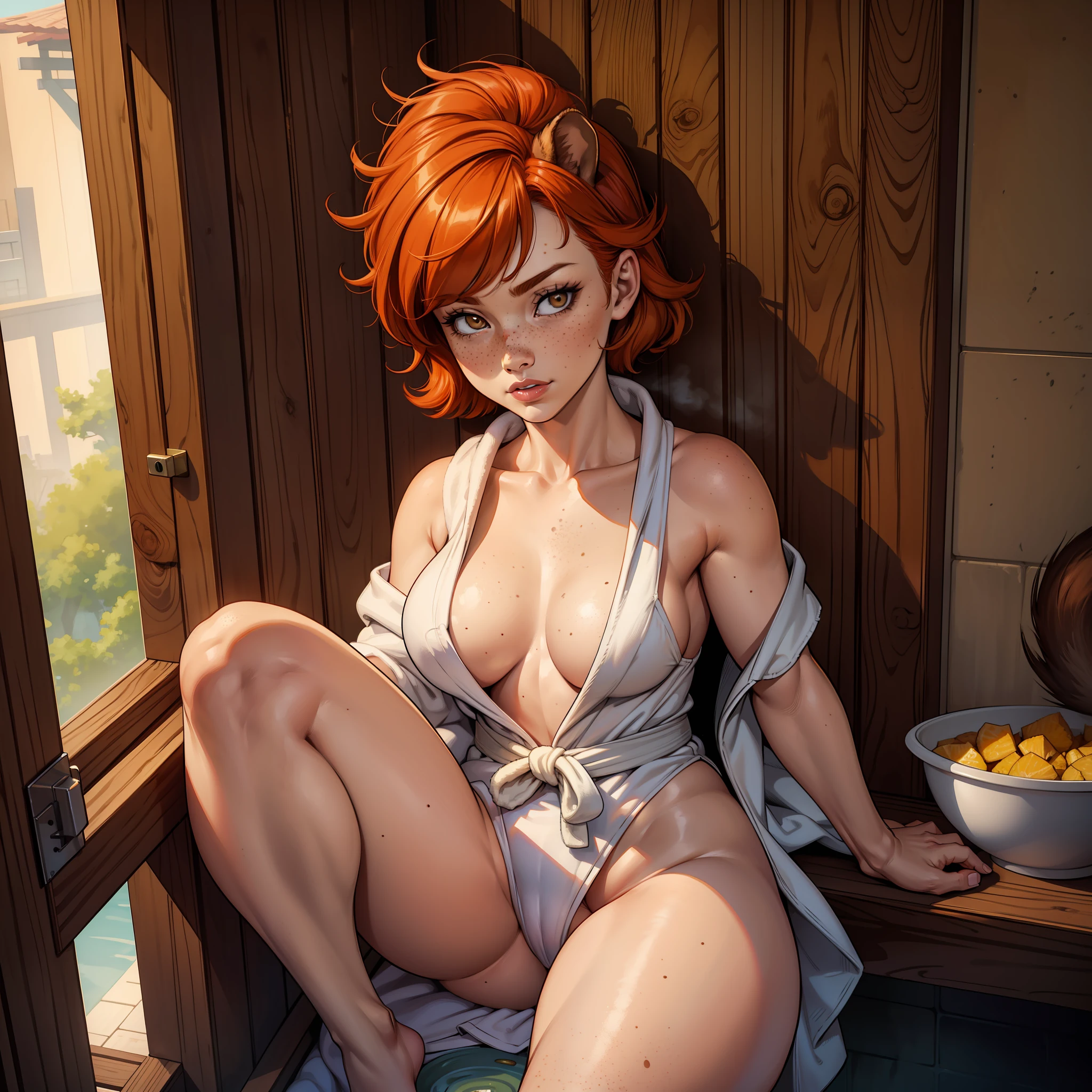 squirrel girl, marvel comics, in nothing but an opened bathrobe, sauna, sfw, suggestive, thick thighs, small boobs, freckles all over body, short ginger hair, bushy tail, open legs, slightly exposed nipple