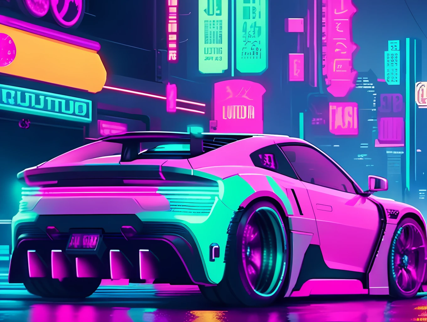 Imagine a futuristic car, inspired by the style of Cyberpunk 2077, flying at high speed down a neon-lit street of a dystopian city. Create pixel art that captures the intense, futuristic atmosphere of this scene, highlighting the vehicle's unique design and the exuberance of cyberpunk urban elements.