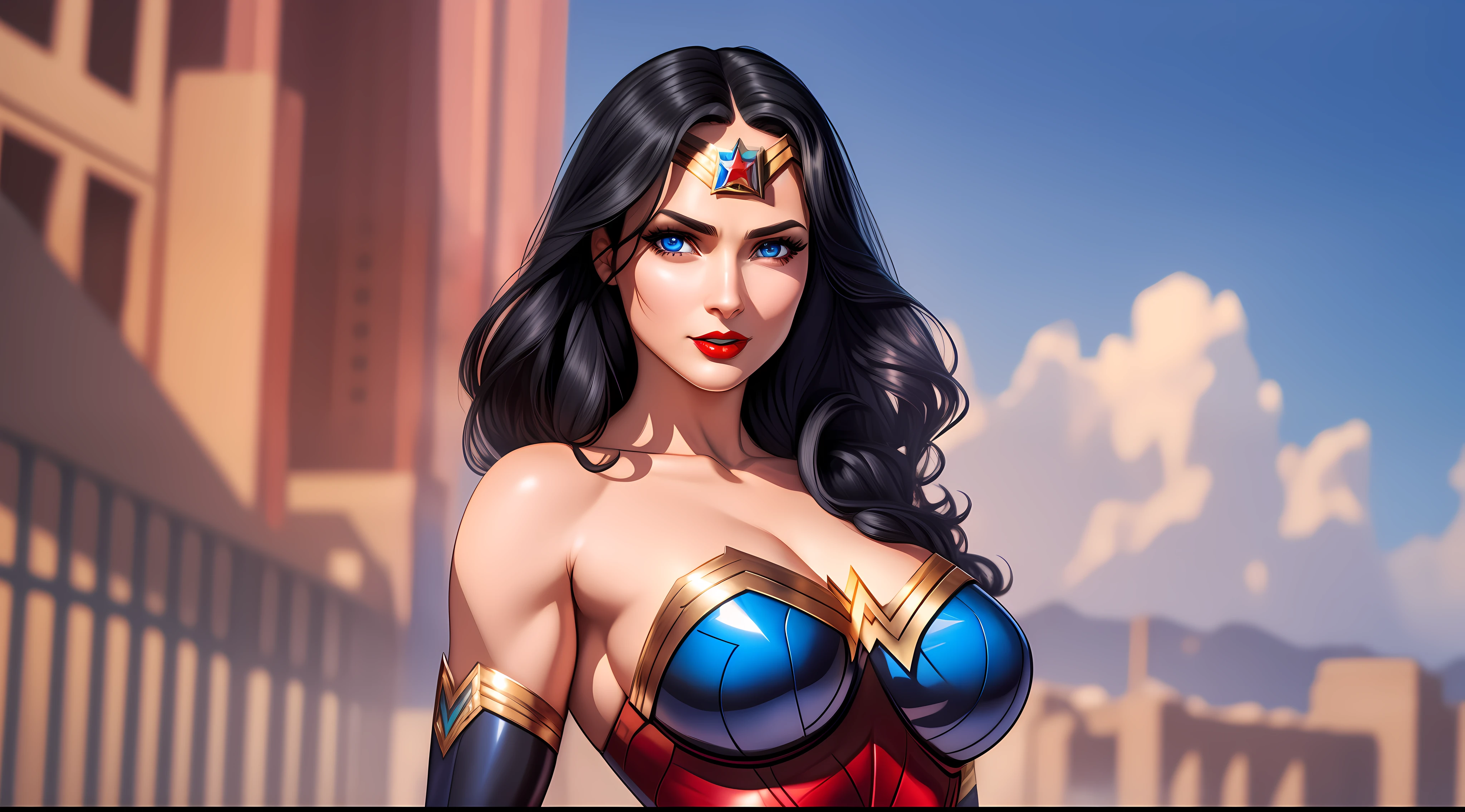 wonderwoman, black hair, blue eyes, large breasts, wide hips, thick thighs, no teeth, beautiful face, realistic, ray traced, beautiful eyes, red lipstick
