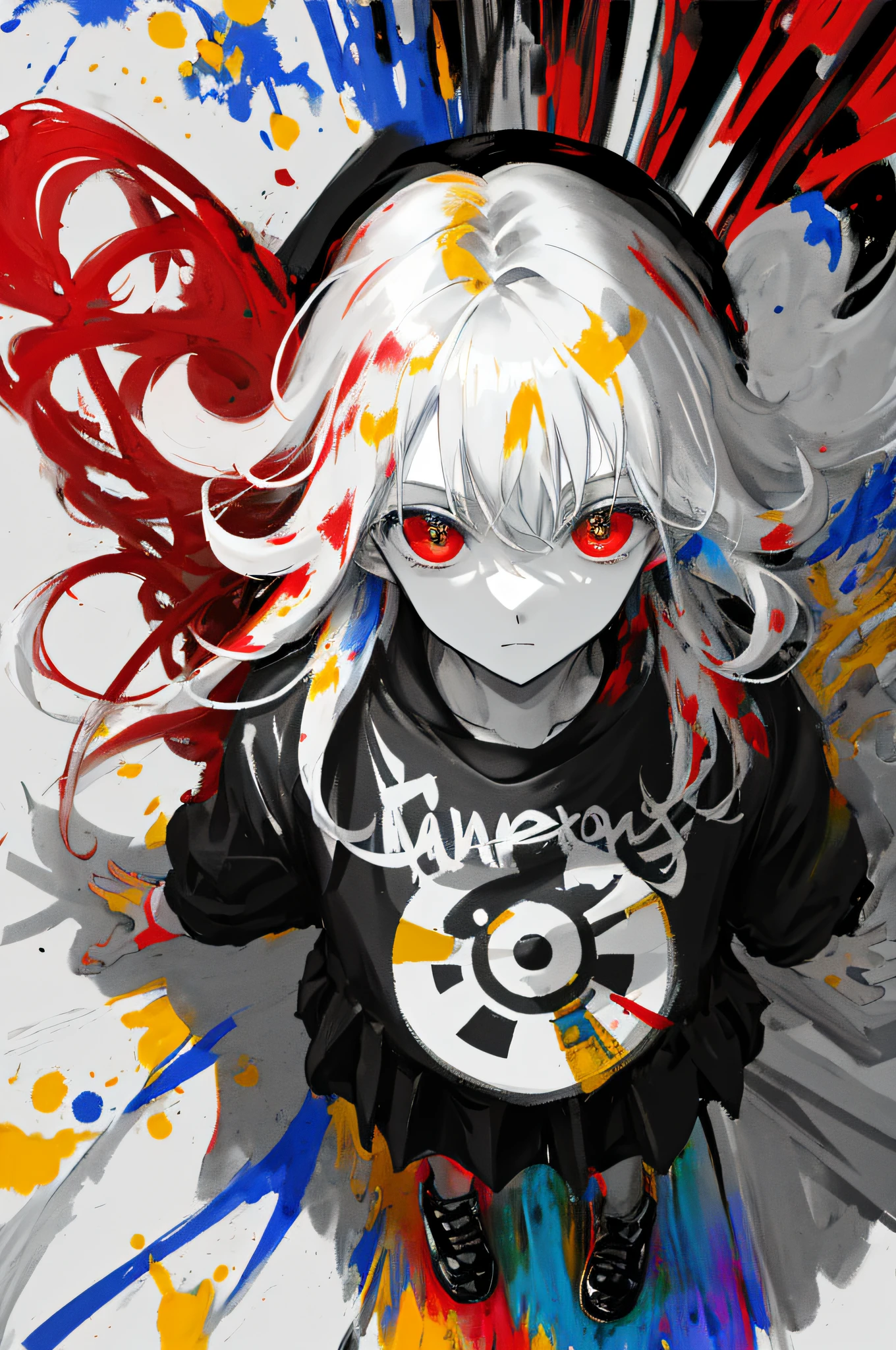 1man, best quality masterpiece, , belly, round face, from above, messy hair, casual clothes, simple white background. 0 damage assassine, pointing the brush at viewer, ,a killer who likes to paint, dirty laundry of colored paint, holding a wet brush of paint, colored hair, fantasy, marvel, absolutely stunning art, art of the highest quality, highest resolution, hyper detailed, black and red