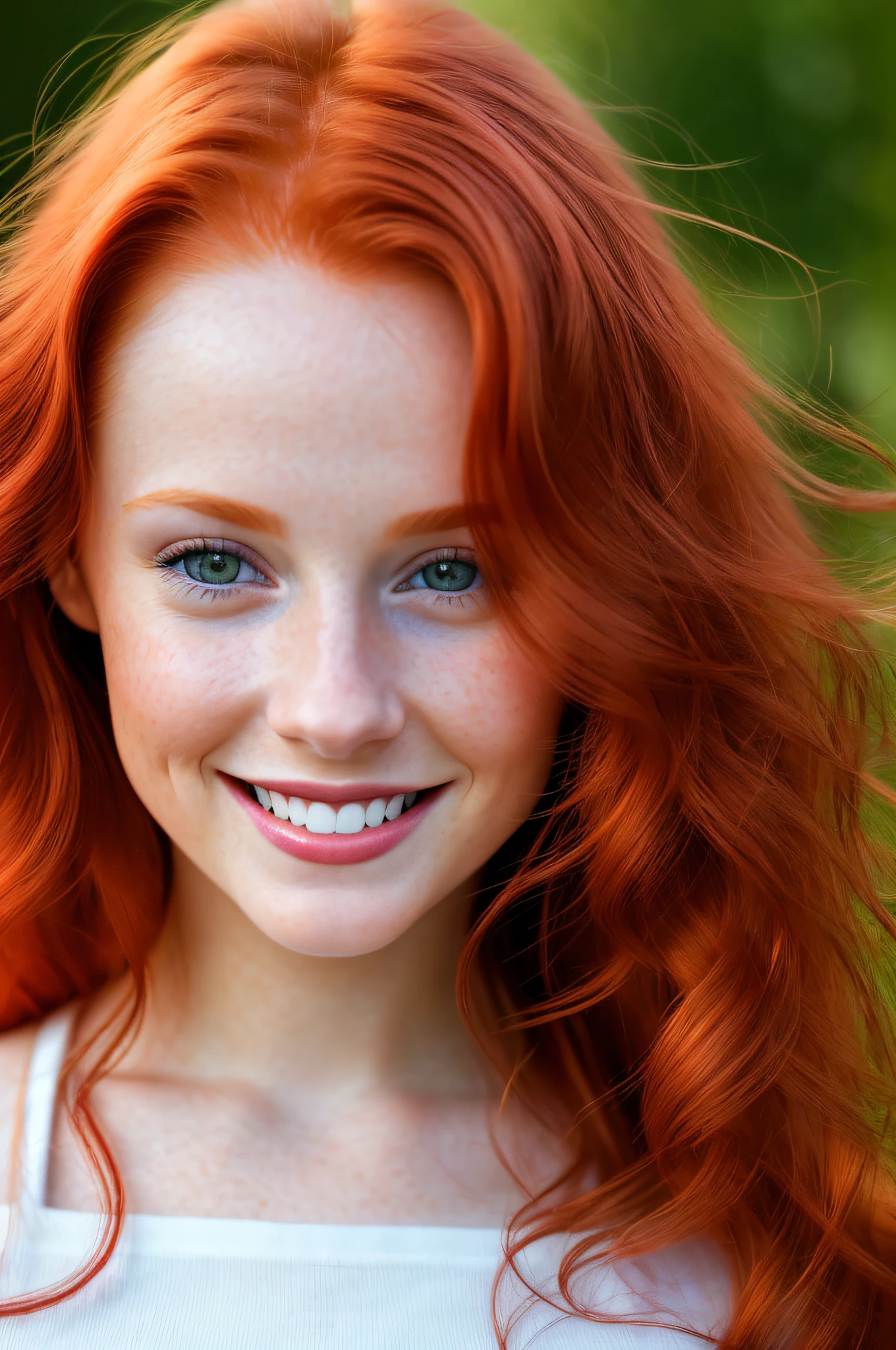 color photography, close-up, ((a realistic photo of a beautiful young redhead girl of 25 years smiling)), (Cyber_Girl_V3:0.99), light, ((bright skin)), looking_at_viewer, (fit body: 1.0), straight loose hair, detailed illustration, masterpiece, high quality, realistic, very detailed face, masterpiece