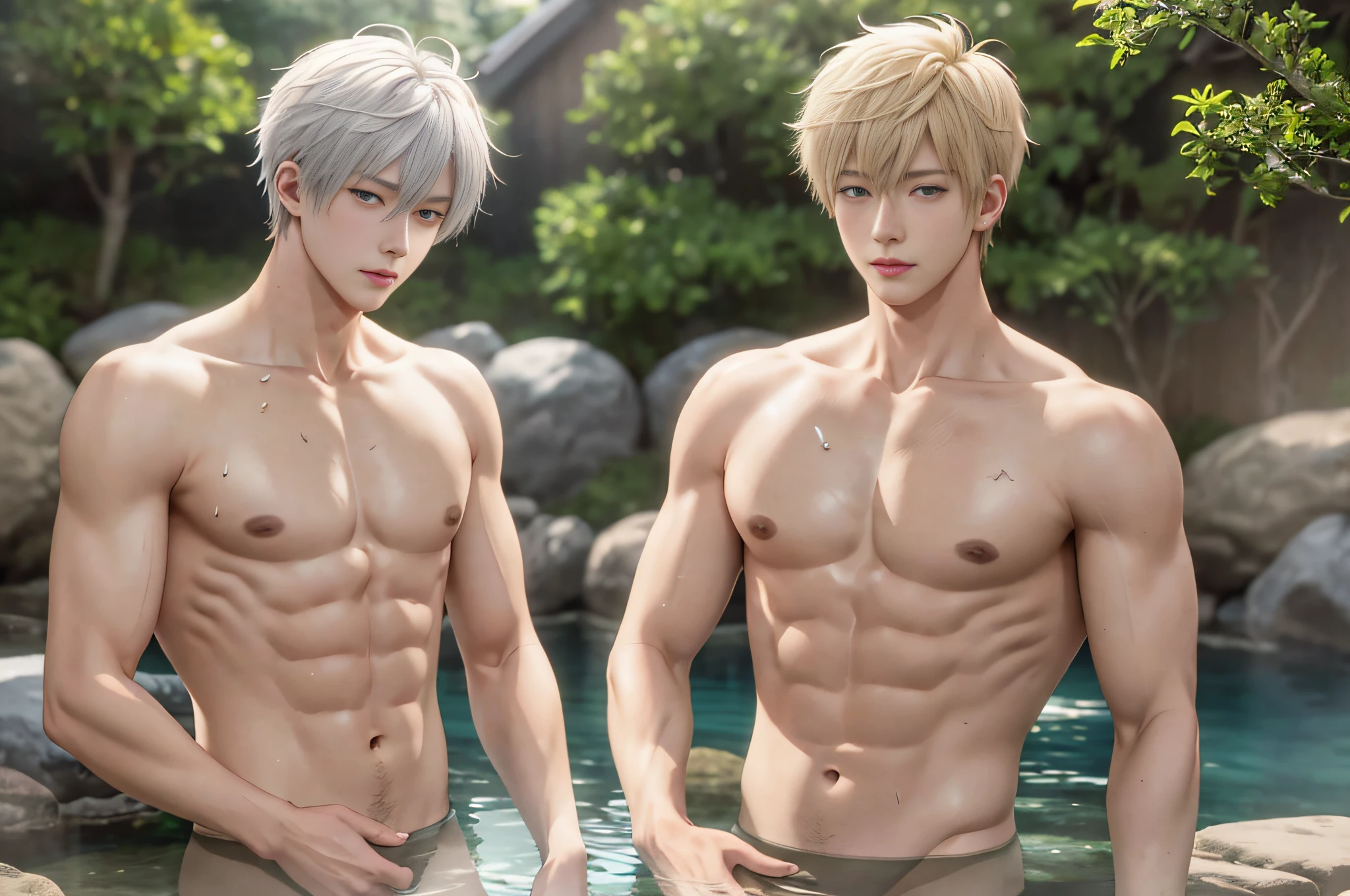 two handsome 20 year old guy, ikemen, bishounen,2boys, beautiful face,semi realistic anime,masterpiece,naked, completely nude, muscular, handsome, outdoor, bathing with steam, hot spring, onsen, sweat, look at viewer, depth of field, bokeh, detailed background, detailed lighting, diffused natural sunlight, diffused natural skin glow, symmetry eyes, fitness,thin muscle,