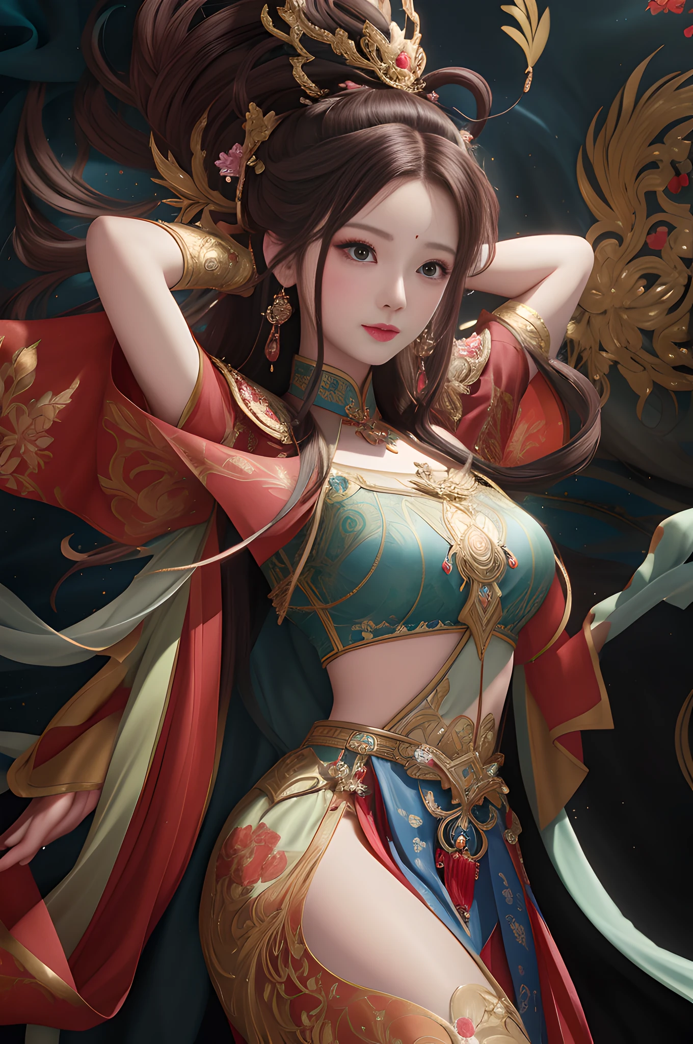 Close-up of a woman in a red and blue dress, a beautiful fantasy queen, beautiful figure painting, by Yang J, extremely detailed art germ, 8k high quality detail art, 2. 5D CGI anime fantasy artwork, WLOP art, WLOP art, palace, girl in Hanfu, inspired by Lan Ying, with a seductive girly blush on her face and a coquettish expression,