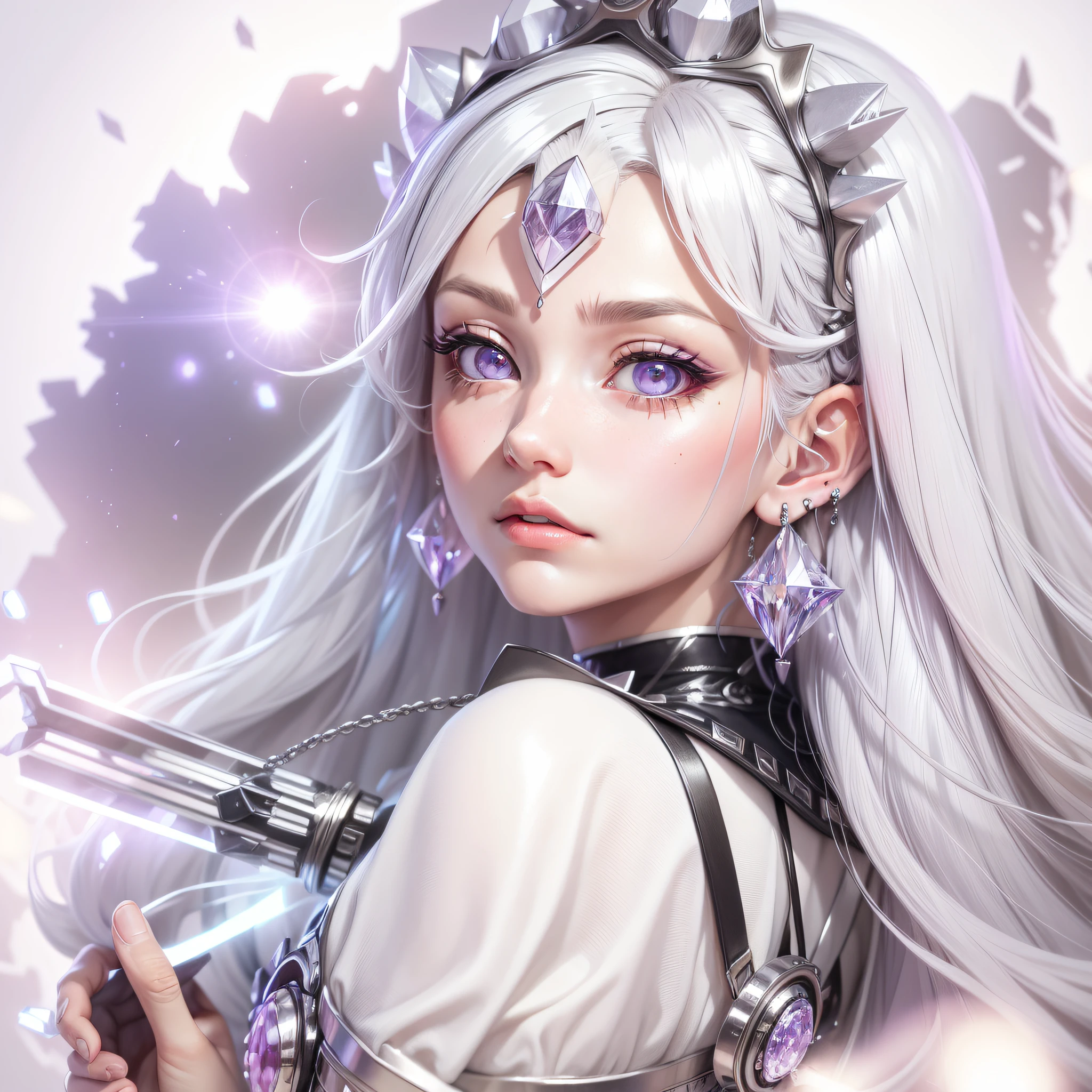 silver hair, tiara, multicolored eyes, crystal earrings, sleepy, Futurism, film grain, from behind, fisheye