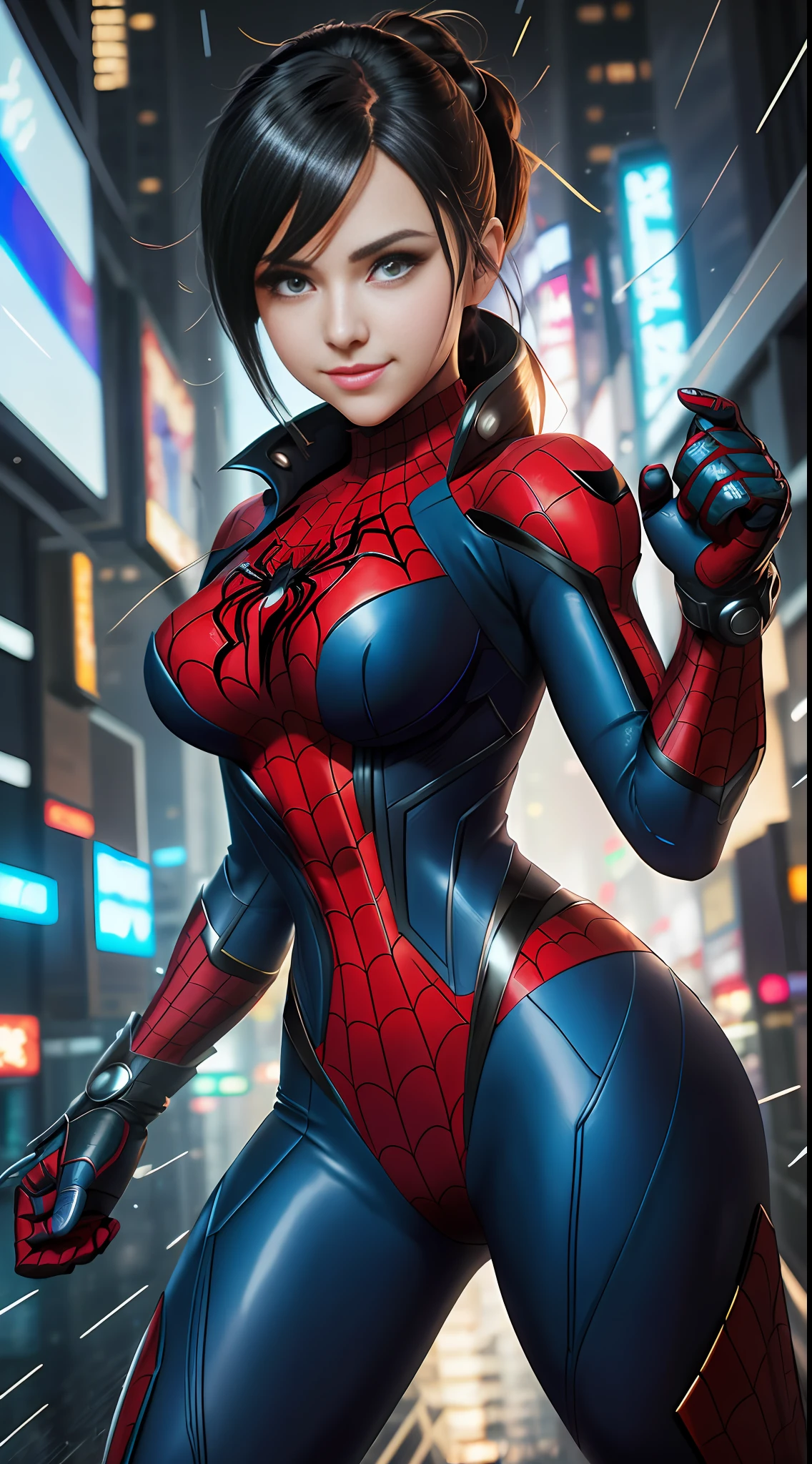 8K highly detailed image,Unreal Engine 5,Anime style,Mega Man-X style,SpiderMan style,Batman style,Super Metroid style,Cyberpunk style. Image of a woman cosplaying Mega Man-X/Samus Aran/SpiderMan/Batman. Black hair,blue eyes,staring intently at the viewer,extreme upgraded suit,weapons,set in futuristic city with heavy rain,facing viewer,smile.