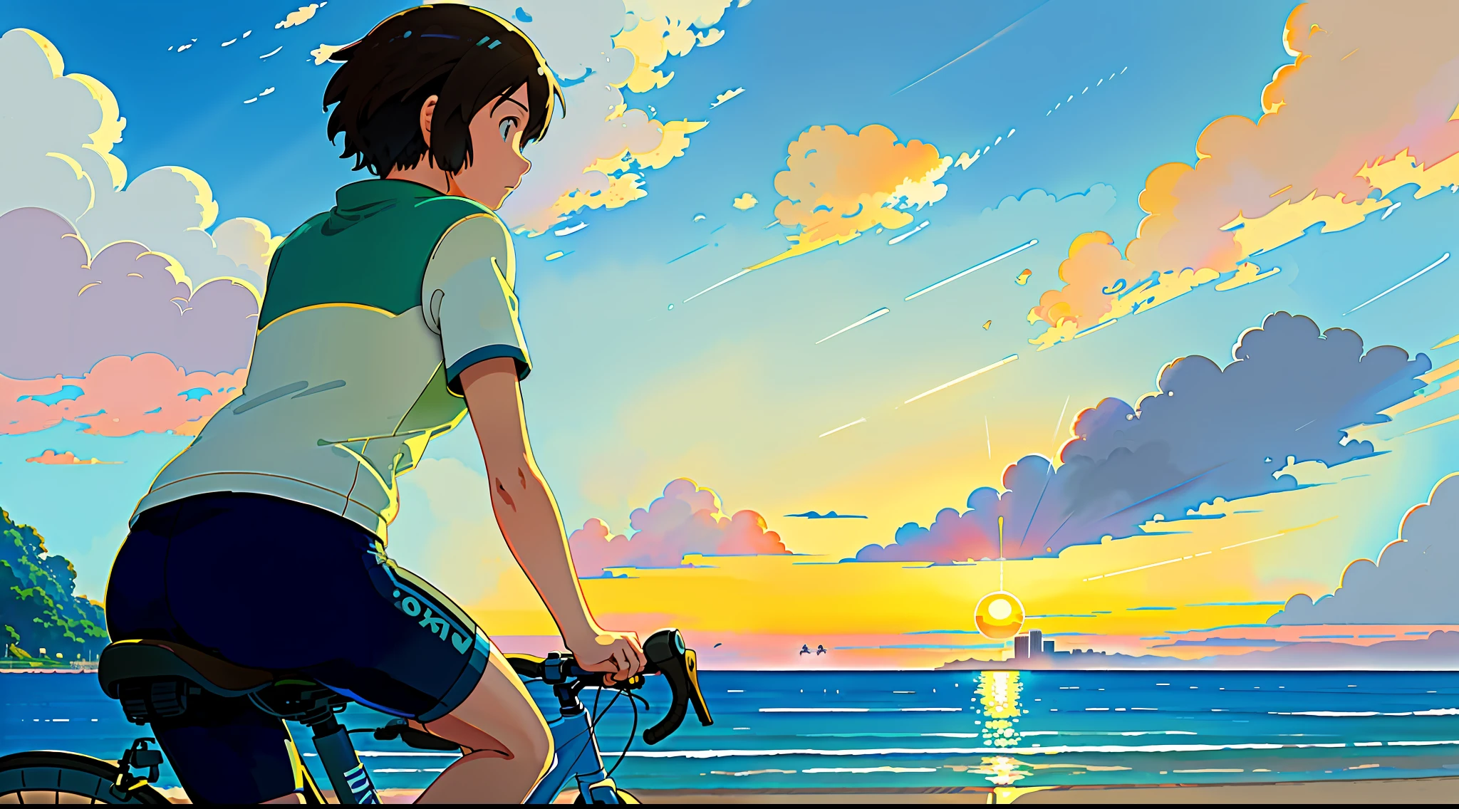 (bike: 1.5), (realistic bike: 1.5), (realistic cyclist: 1.5), close-up, back cyclist in foreground, lofi landscape, nature, sun, sea, landscape background, warm light, sunset, beach, shadows, contrast, clouds, makoto shinkai (Best quality:1.3), (Highres:1) Art by Studio Ghibli Style, Vibrant Colors, Impressionism