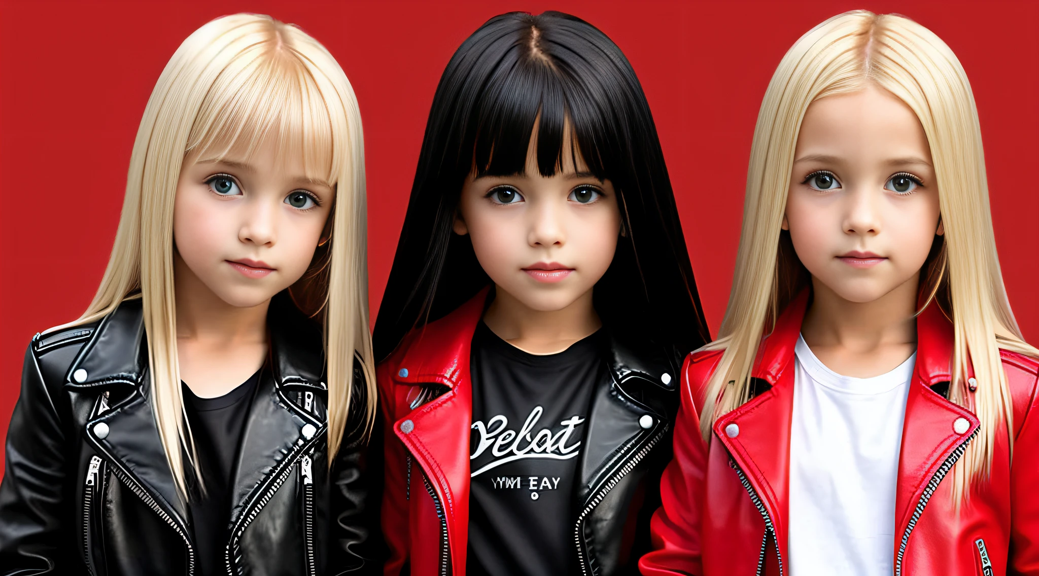 girls blonde children WITH STRAIGHT HAIR, RED BACKGROUND. Black leather jacket and black clothing. .
