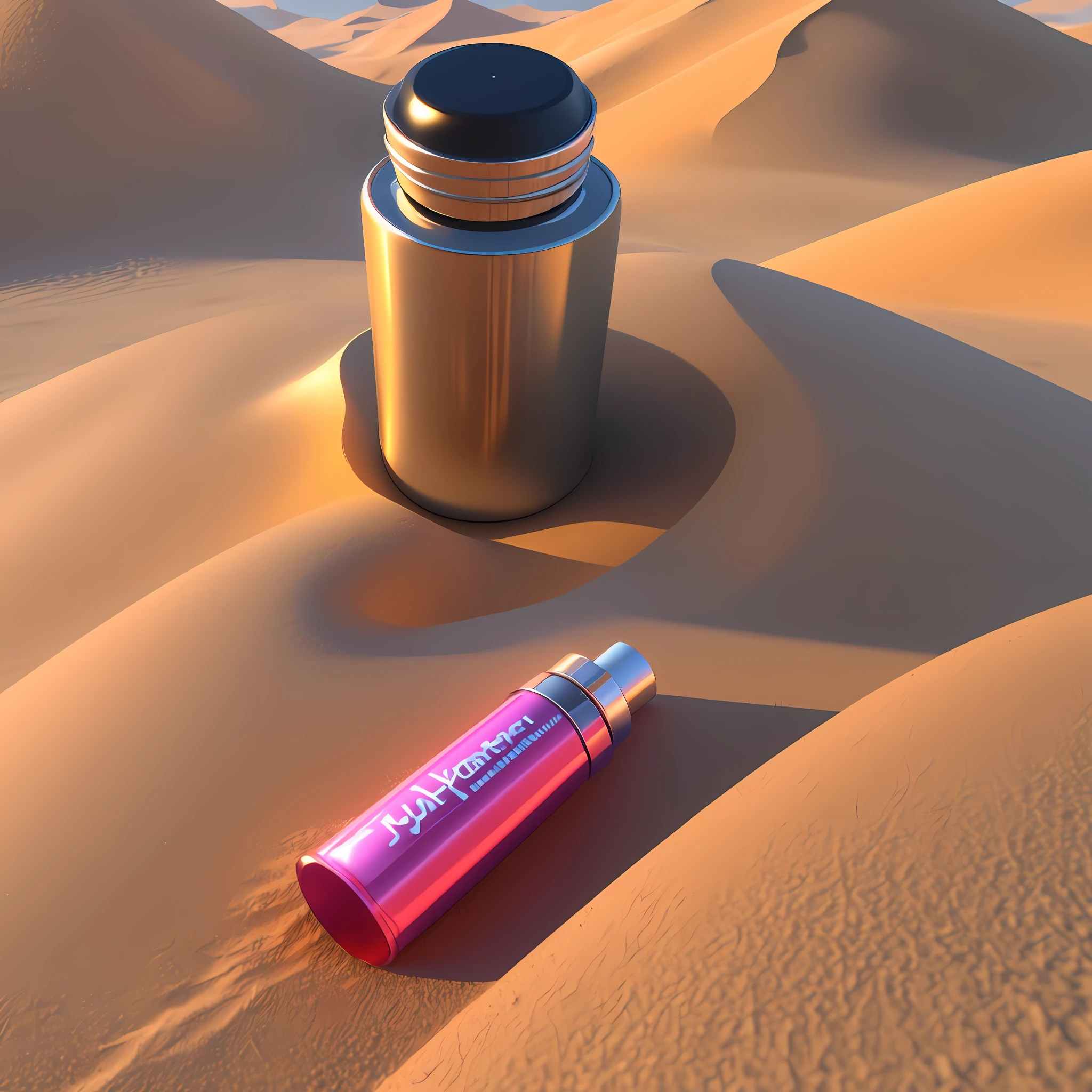 There are two lipsticks with four different colors separated by layers and a water bottle on a desert surface, hyper realistic 3D render, stylized 3D render, highly detailed 3D render, stylized 3D render, highly detailed 3D render, hyperrealistic 3D render, high quality 3D render, high quality 3D render, hyper realistic detailed render, hyper realistic hyper realistic hyper realistic render