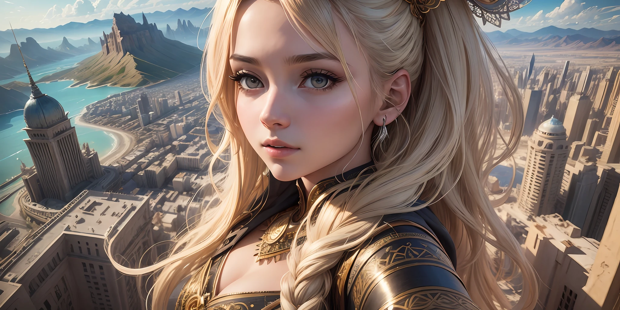 a beautiful girl perfect face (realistic, intricate) detailed, masterpiece, that (ultra detailed), (realistic), hair detailed strand by strand, long and blonde swayed by the winds, taking a selfie with a city in the background, grandiose city, (surreal) ancient ruins in the desert seen from the top of a mountain, realistic, ((ultra detailed)), realistic image, high details, high resolution, 8k, Full HD, high-quality:: dof base model (AbsoluteReality) 8k, rtx, --upscale --auto --s2