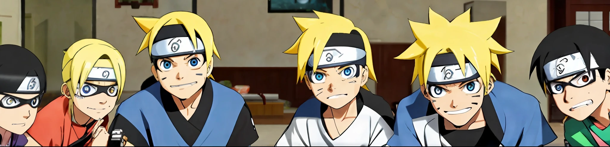 Family with 4 people playing video games in the living room, boruto style