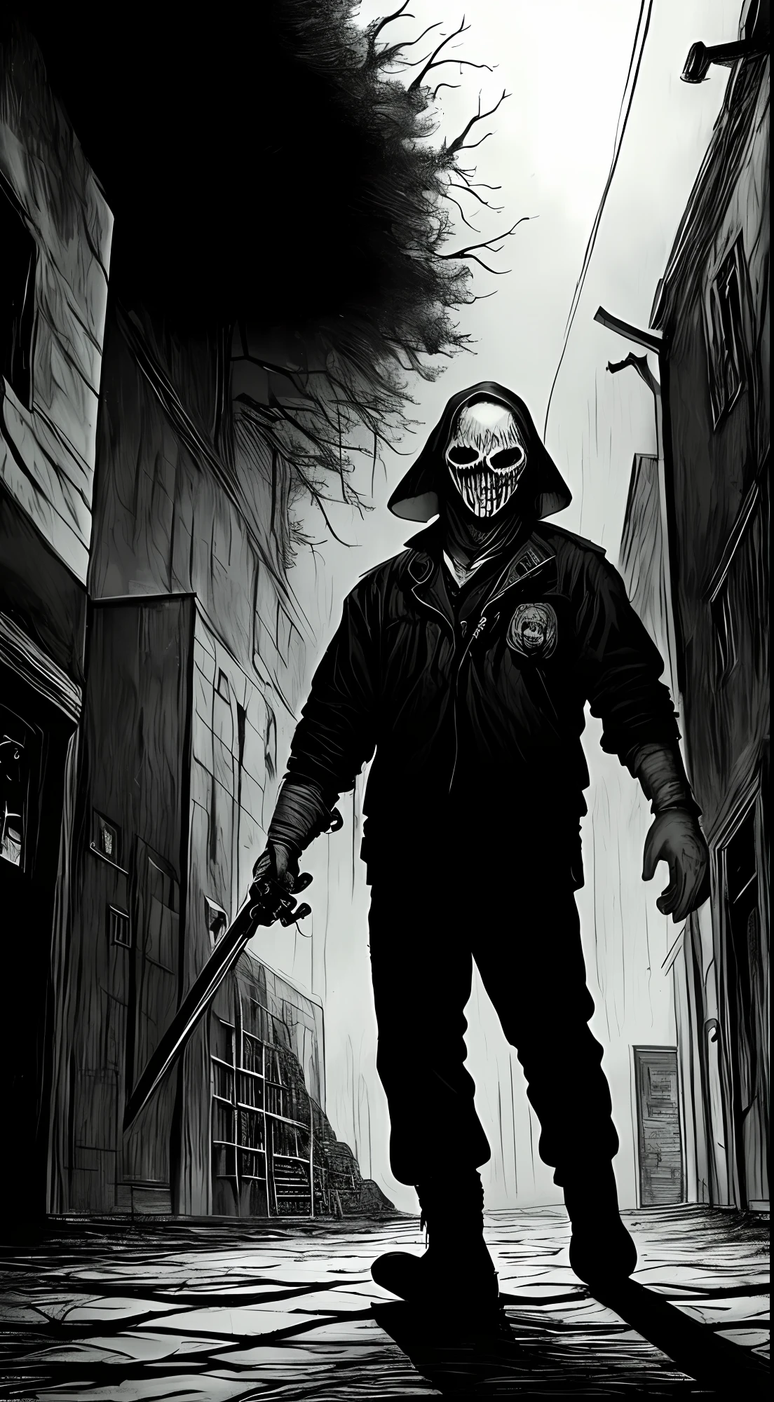 (Masterpiece, exceptional quality, image),80's horror movie style drawing, dark lighting, creepy atmosphere, horror night, masked killer, rising tension, environment of old 90's movies