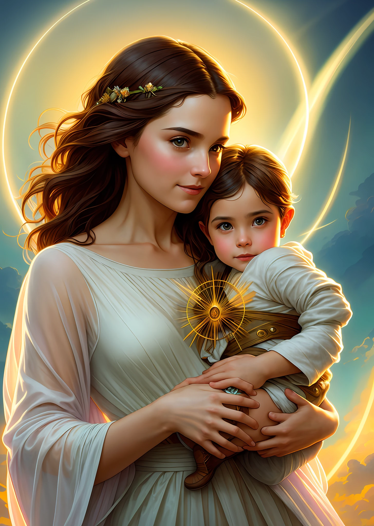 masterpiece, woman and child, holy virgin mary with little boy in her arms, ((halo over head)), smiling, heavenly sky, half body, ((divine light)), ethereal, clouds, back lighting, realistic portrait, symmetrical, strong, intricate drawing, highly detailed, digital painting, art station, concept art, fluid, sharp focus, illustration, against heaven's gate, cinematic lighting, works by artgerm and greg rutkowski and alphonse mucha