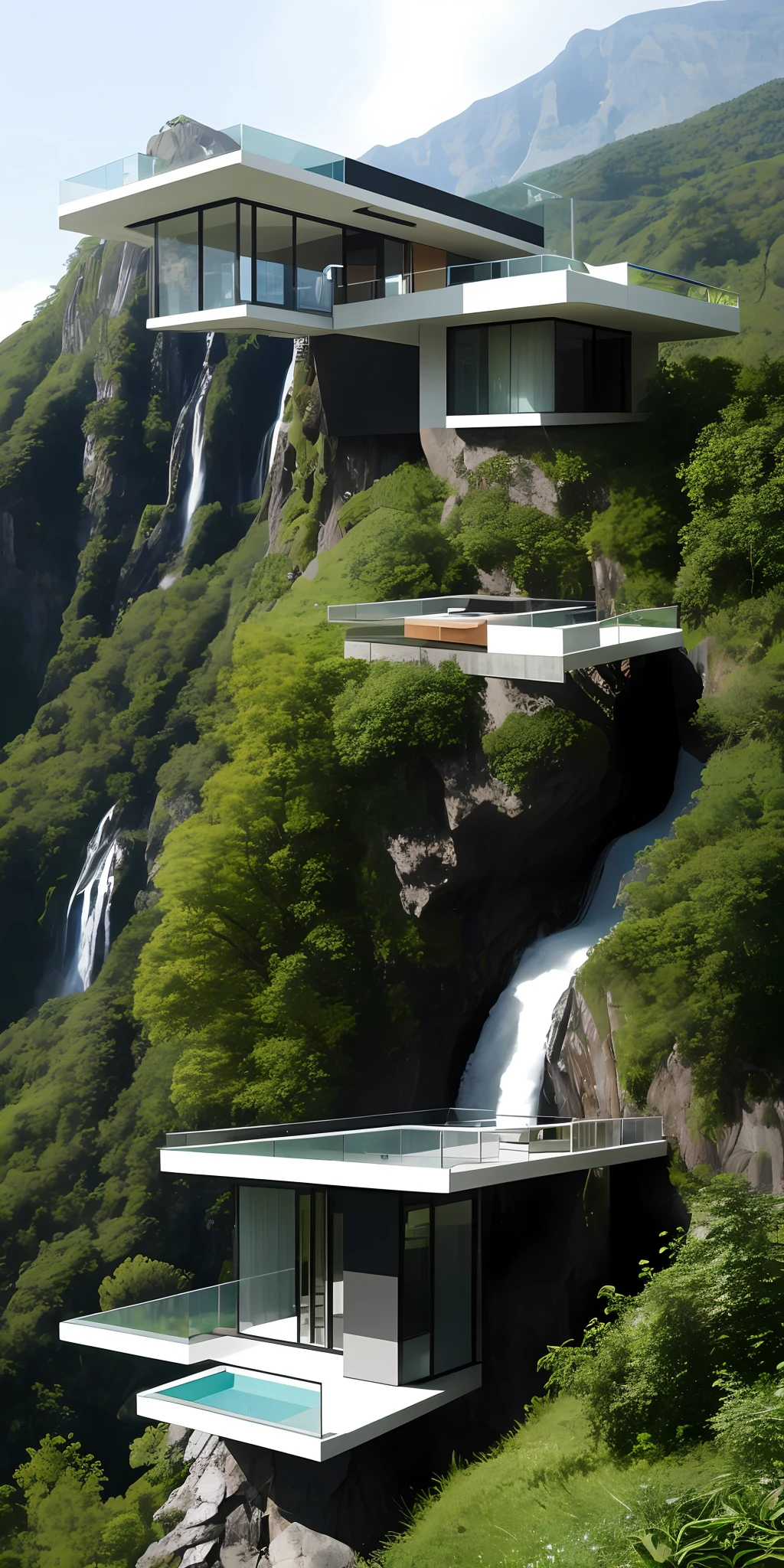 Create a modern house on top of a mountain, on the mountain descends a waterfall