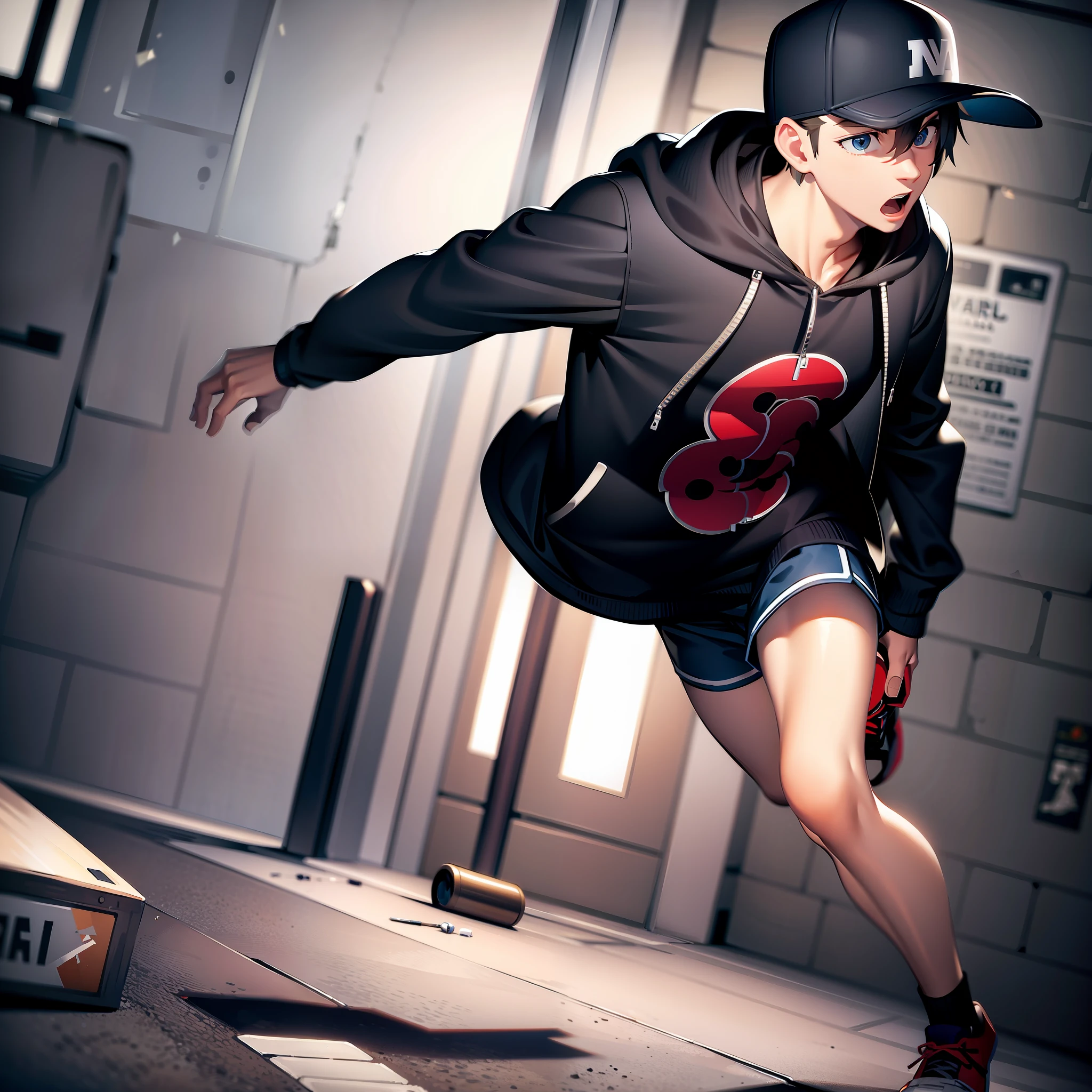 ((masterpiece, best quality)),(complex light), solo, full body,1boy, jake, hood, baseball cap, running, subway, stylized background