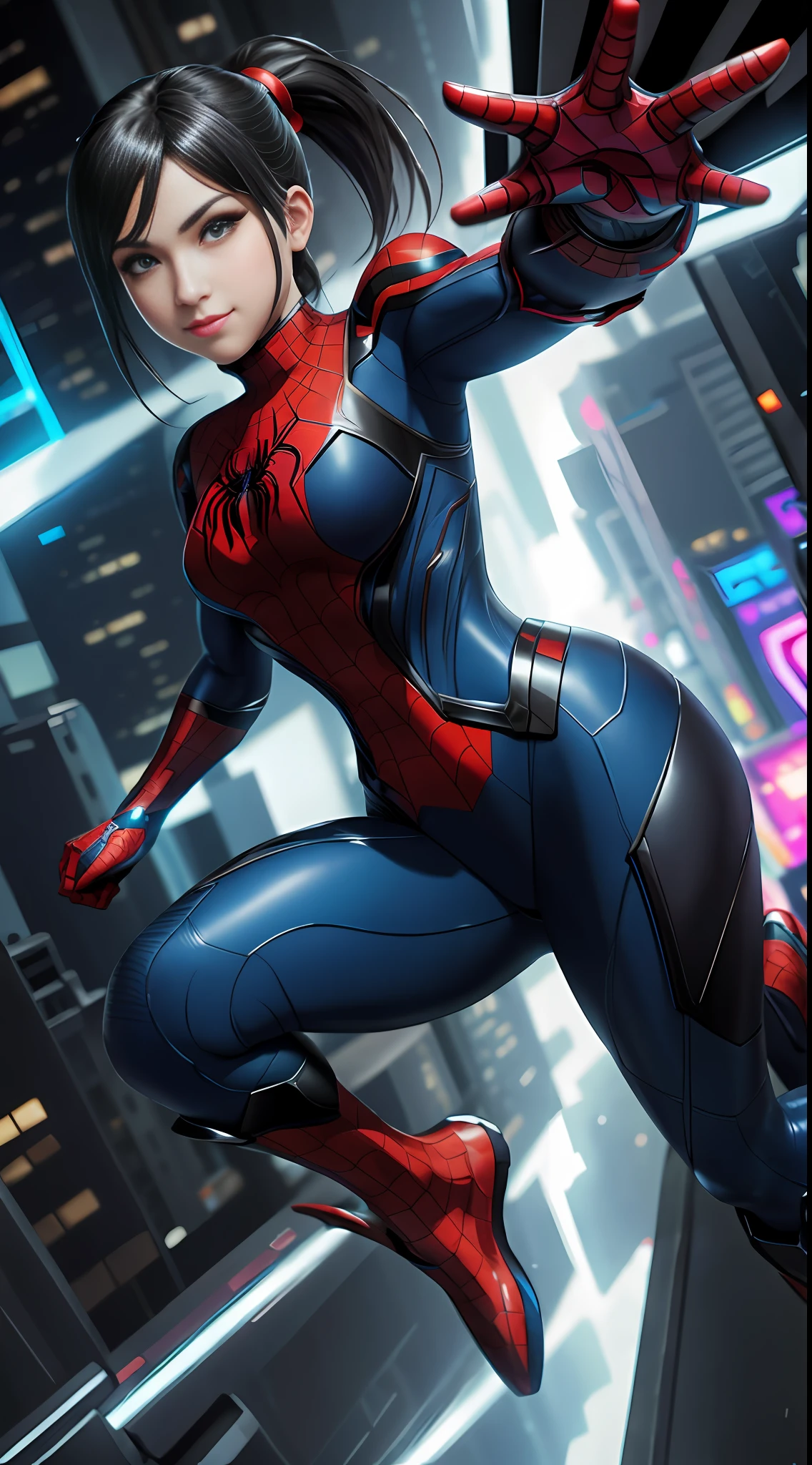 8K highly detailed image,Unreal Engine 5,Anime style,Mega Man-X style,SpiderMan style,Batman style,Super Metroid style,Cyberpunk style. Image of a woman cosplaying Mega Man-X/Samus Aran/SpiderMan/Batman. Black hair,blue eyes,, dynamic action pose, staring intently at the viewer,extreme upgraded suit,weapons,set in futuristic city with heavy rain,facing viewer,smile.