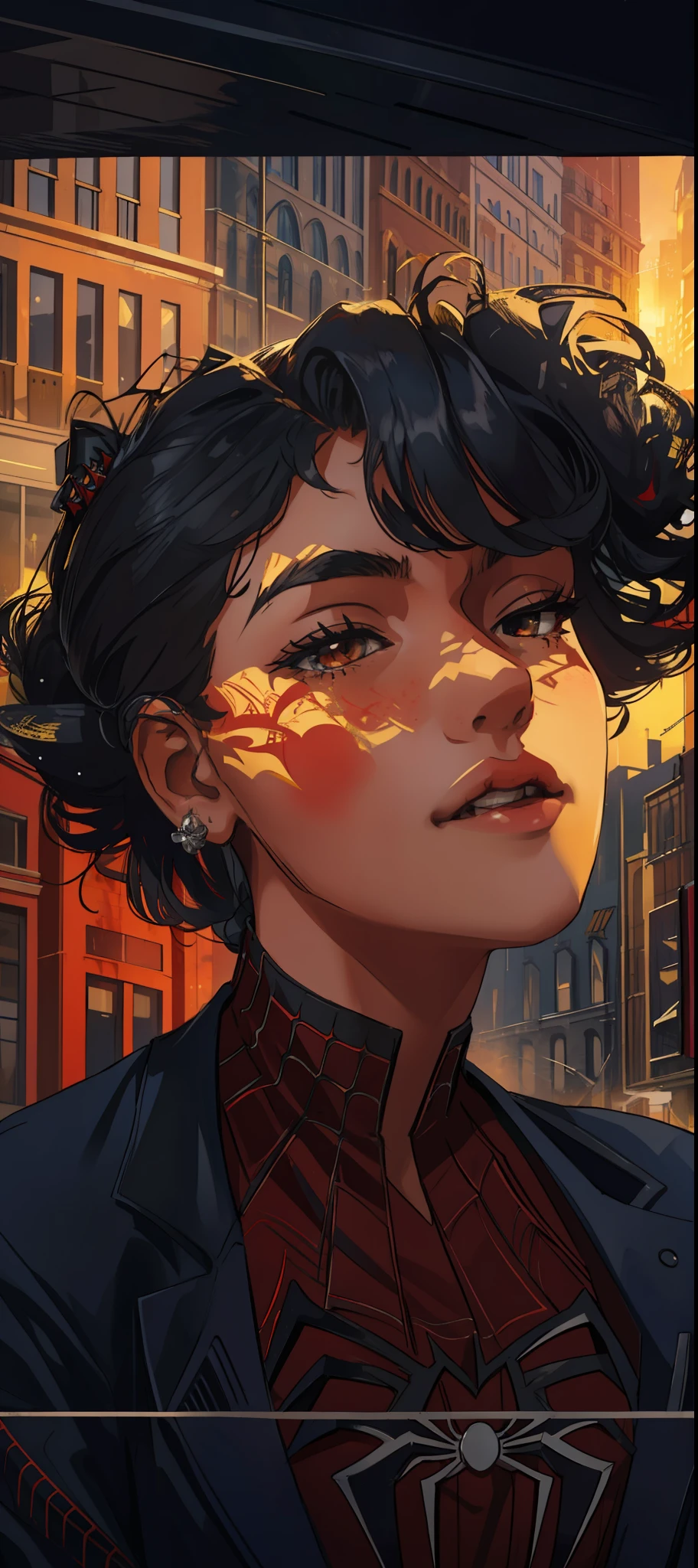 (masterpiece, best quality), intricate details, 8k, artstation, wallpaper, official art, splash art, sharp focus,
1girl, long hair, twin tails,
spider suit, spider web printing, spider web,
skyscrapers, city, buildings, cars, street,