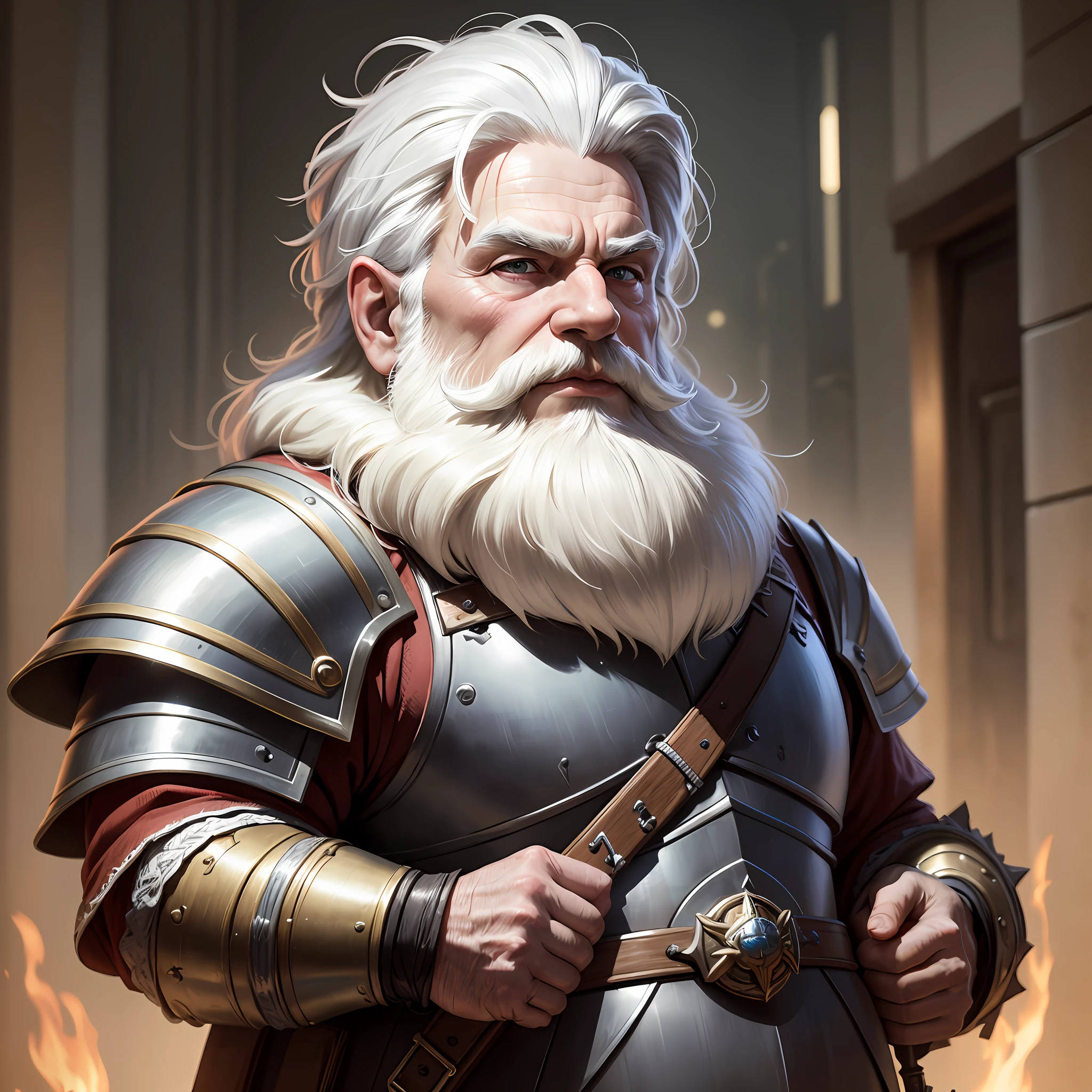 4k, 8k, masterpiece, best quality, high quality, 140 year old dwarf, white hair, short hair, fair skin, wearing armor, war maxed, semi realistic photo