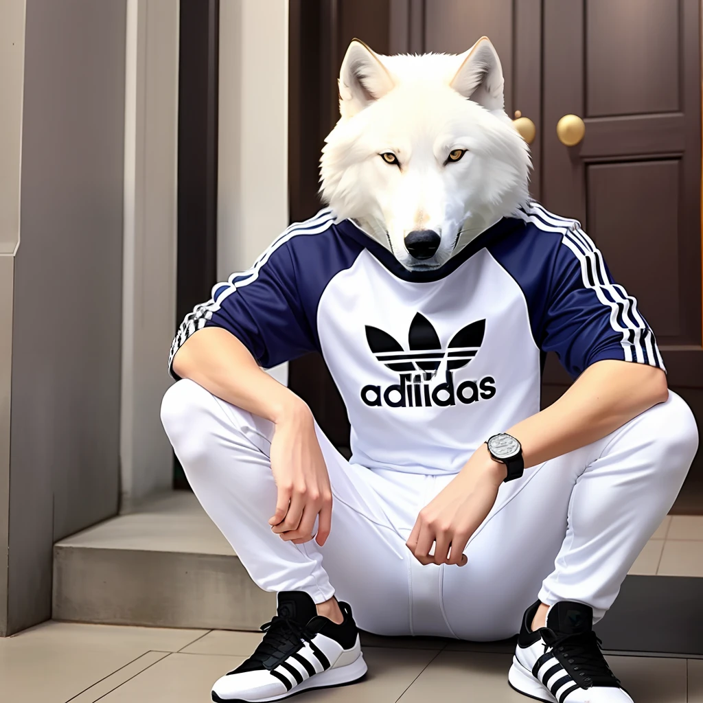 A white wolf wearing a sport suit_adidas