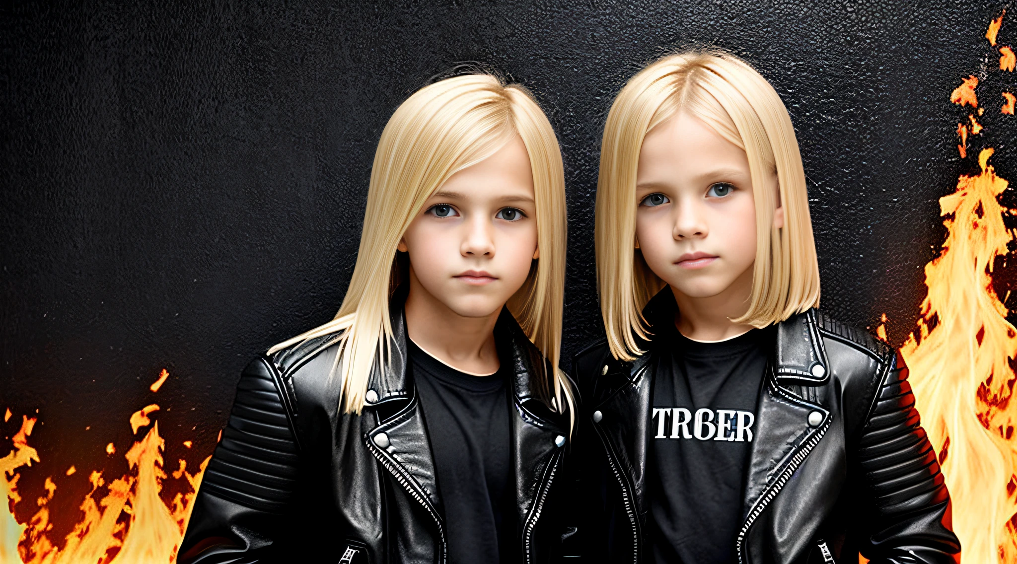 boys blonde children WITH STRAIGHT HAIR, BACKGROUND walls of fire . Black leather jacket and black clothing. .