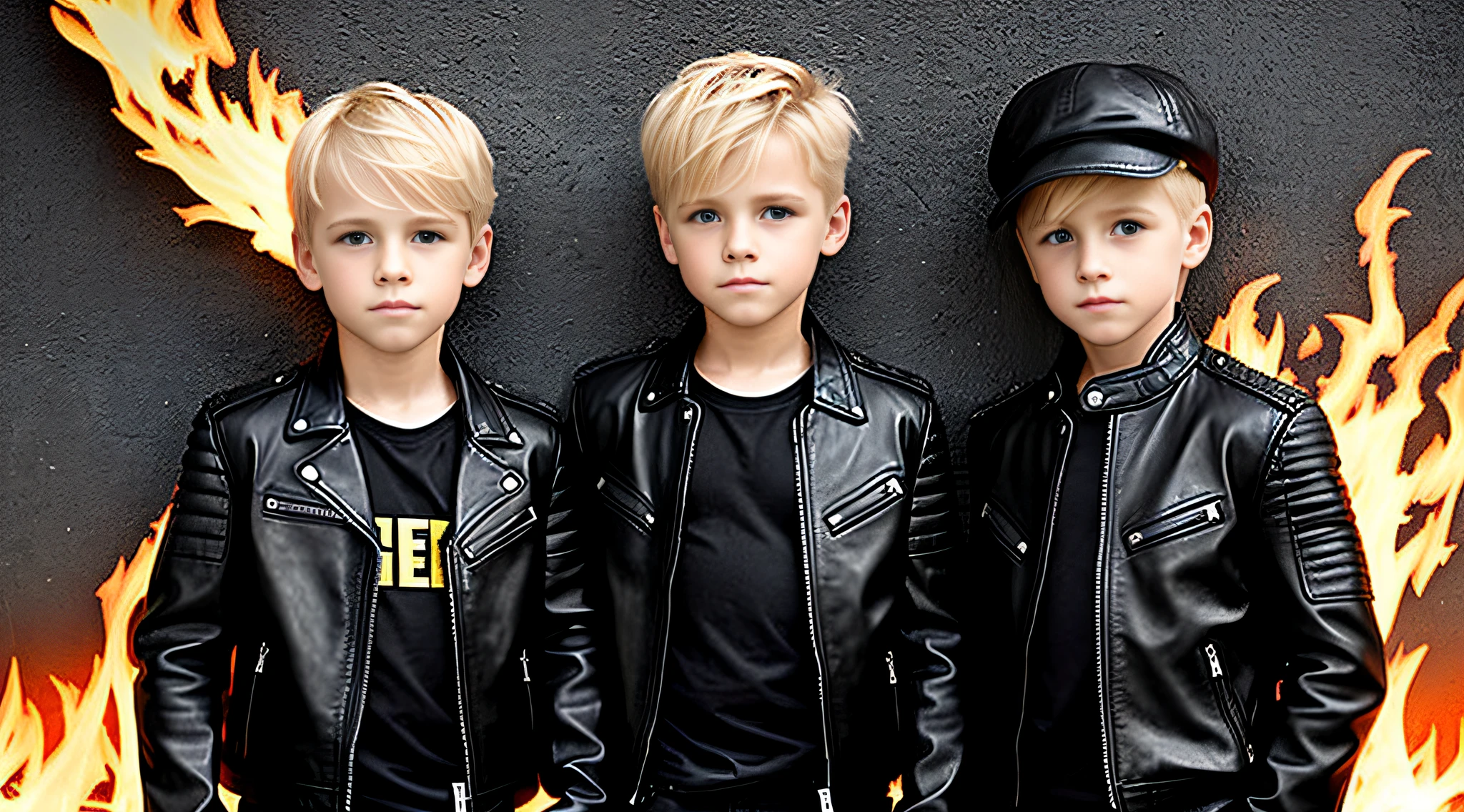 boys blonde children WITH STRAIGHT HAIR, BACKGROUND walls of fire . Black leather jacket and black clothing. .