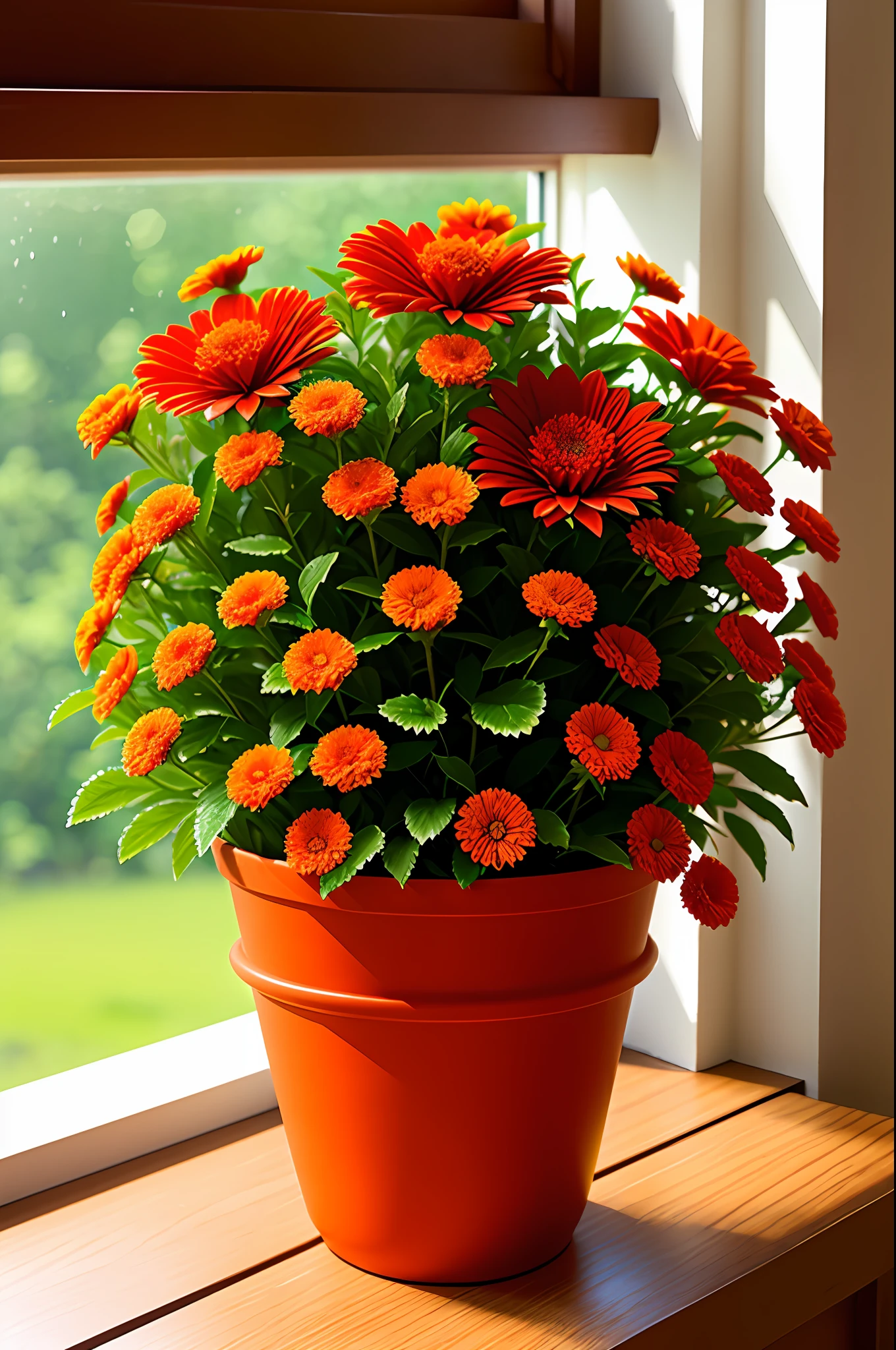 Clay flower pot, red marigold flowers, by the window, sunlight coming in, blank background, lots of details, high quality, 8k,